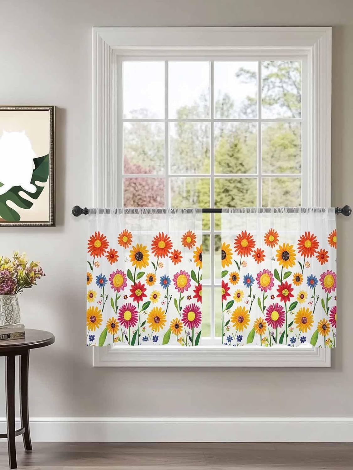 Spring Floral Sheer Curtains 45 Inch Long 2 Panels, Cute Orange Yellow Sunflower Light Filtering Rod Pocket Semi Sheer Curtains, Flower Sheer Voile Drapes for Living Room Bedroom Dining Room, 52"x45"