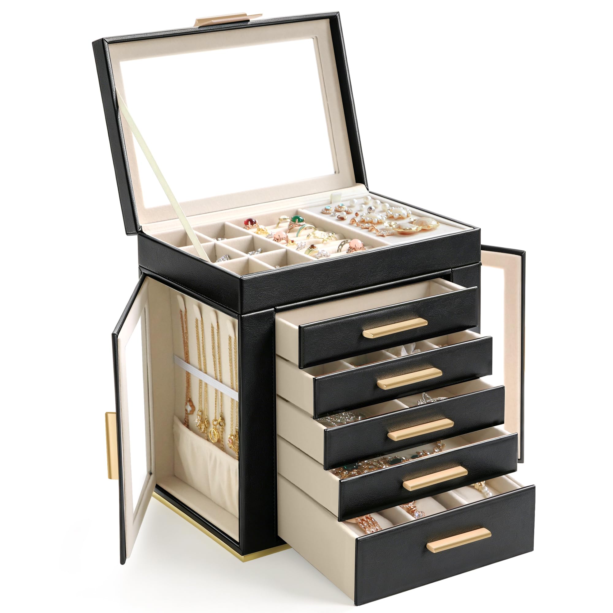Homeanda Großes Schmuckkästchen für Frauen - 5 Lagen PU Leder Aufbewahrungsbox für Ringe, Ohrringe, Halsketten, Armbänder, Uhren & Haarschmuck