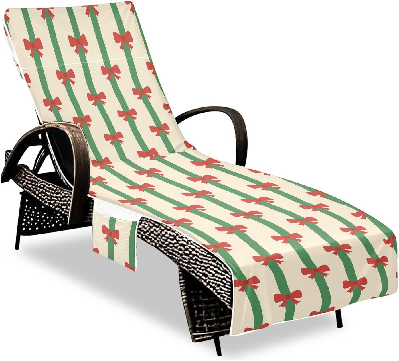 Bow-tie Stripe Lounge Chair Towel Cover with Side Pockets – 85x30in Foldable Chaise Cover for Beach, Pool, Patio, Spa