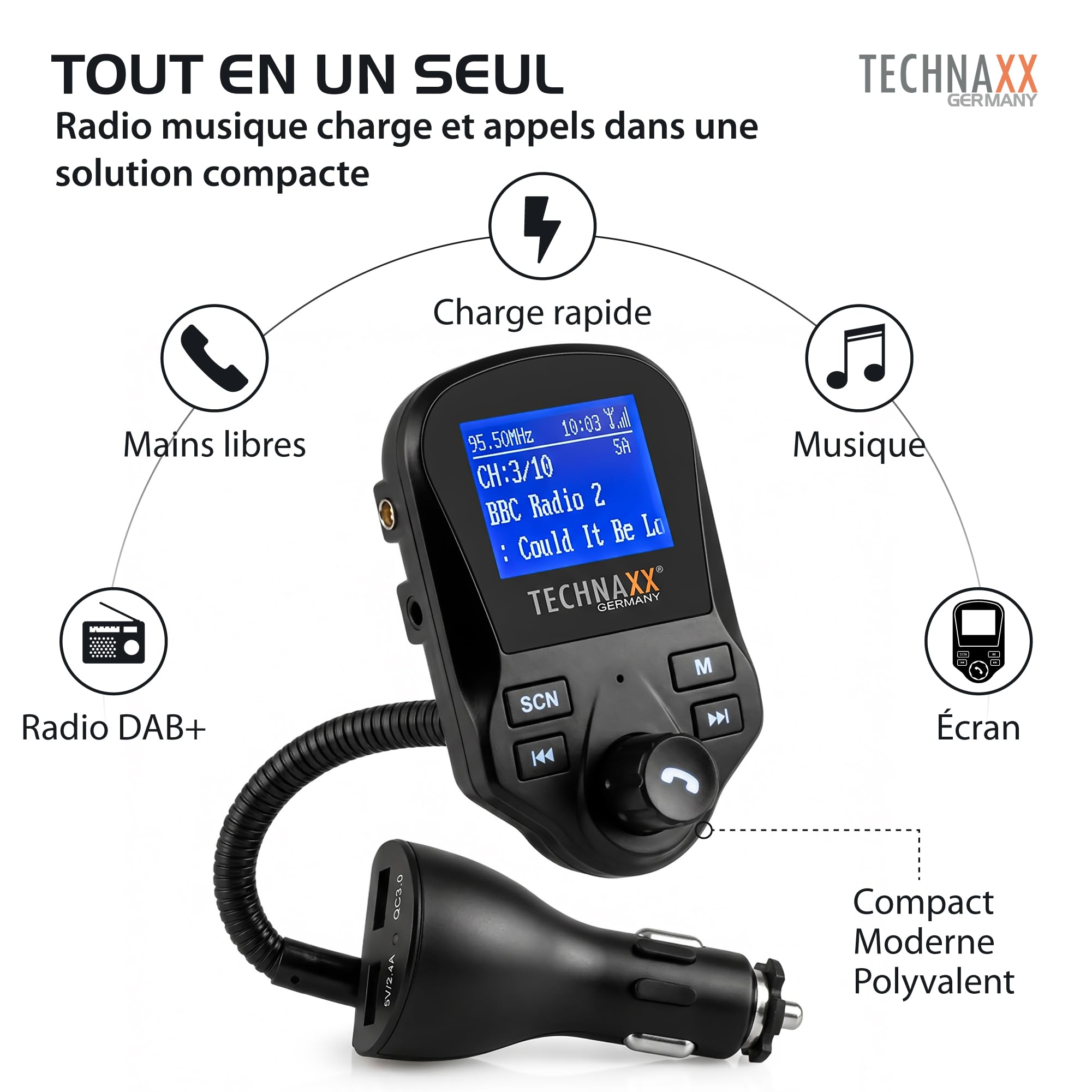 Technaxx Transmetteur FM DAB+ Bluetooth Voiture Kit Mains Libres – Adaptateur Radio DAB avec 2 USB (QC3.0), AUX, MicroSD, Grand Écran, Streaming Musique & Appels FMT1500BT