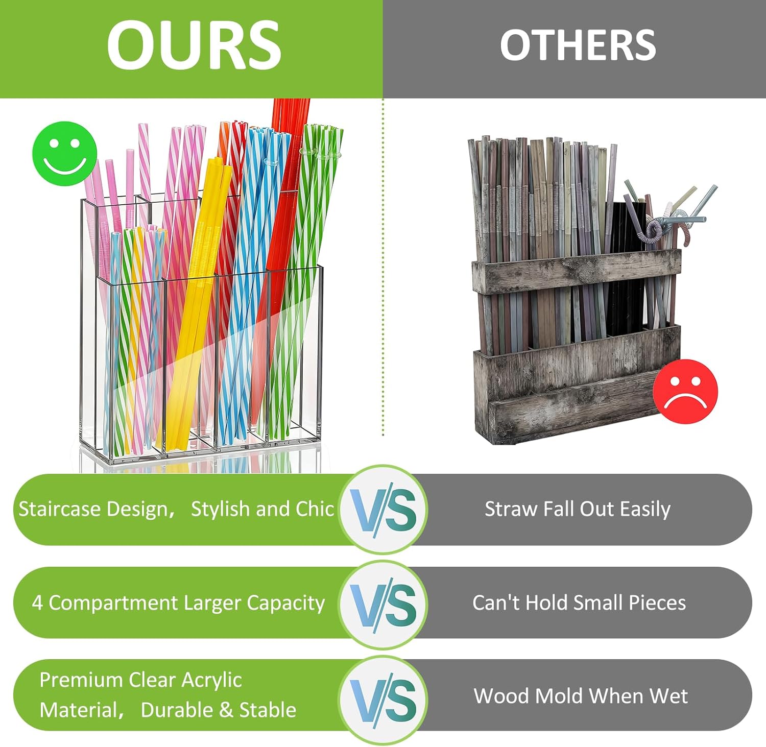 Large Acrylic Straw Holder for Cabinet Door, Clear Straw Organizer for Reusable Straws with Adhesive Strips - Modern Home Bar & Office Accessory (8 Compartments) - Image 4