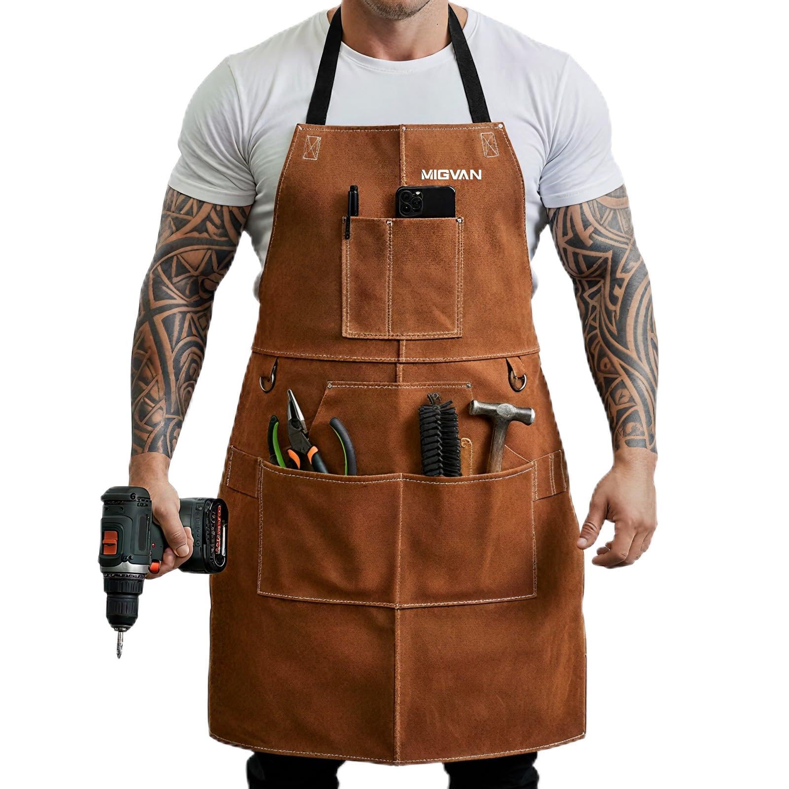 Delantal de soldadura de cuero vacuno – Delantal ignífugo y resistente al calor con 10 bolsillos, ajustable talla M a XXL para taller, soldar, jardín y garaje – 61x91 cm