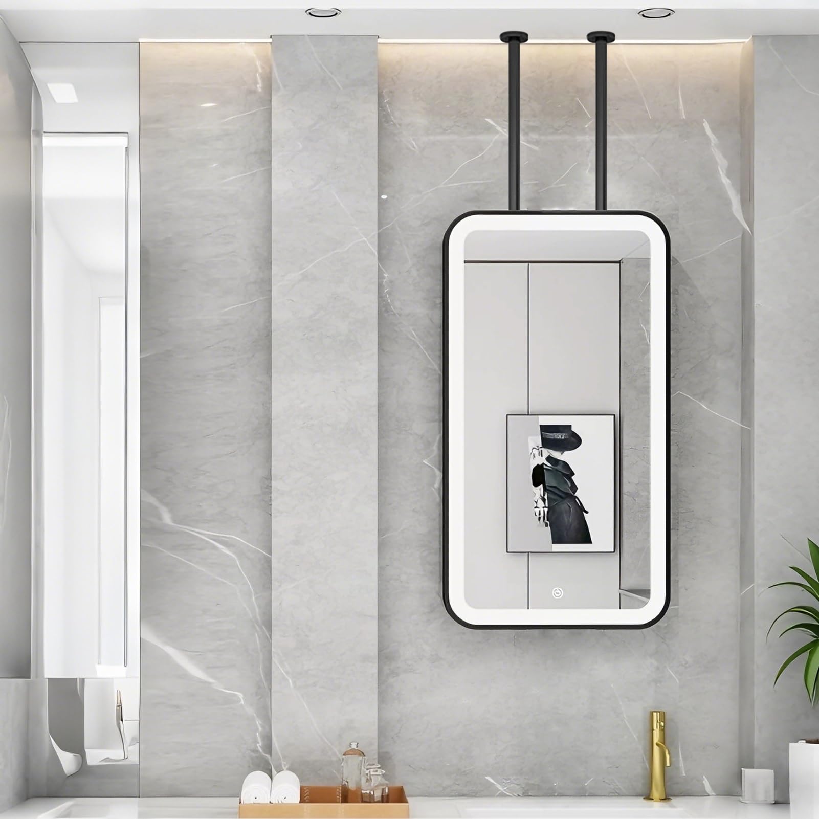 FGXHHS Suspended Ceiling Mirrors｜LED Bathroom Vanity Mirror Mounted Hanging Rod with Lights｜Modern Decorative Wall Mirrors For Living Room Entrance Hall(40cmx70cm)