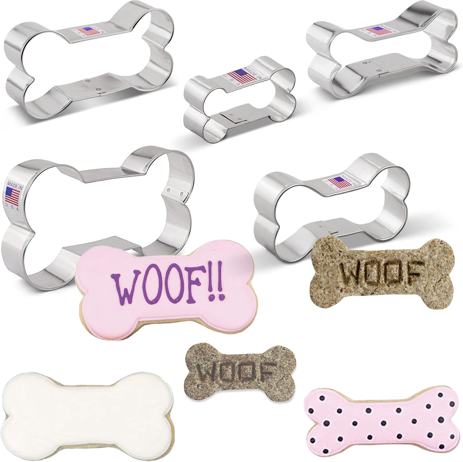 Dog Bone and Biscuit Dog Treat Cookie Cutter 5-Pc Set Made in USA by Ann Clark, 2", 3 1/8", 3 1/2", 4", 5"