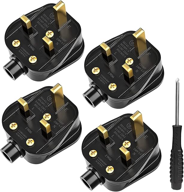 UK Plugs with 13 AMP Fused, 3 pin Mains Plug with Cord Grip Rewireable Heavy Duty Electrical Plug, Rubber Composite Plug, 4 Pack (Black)
