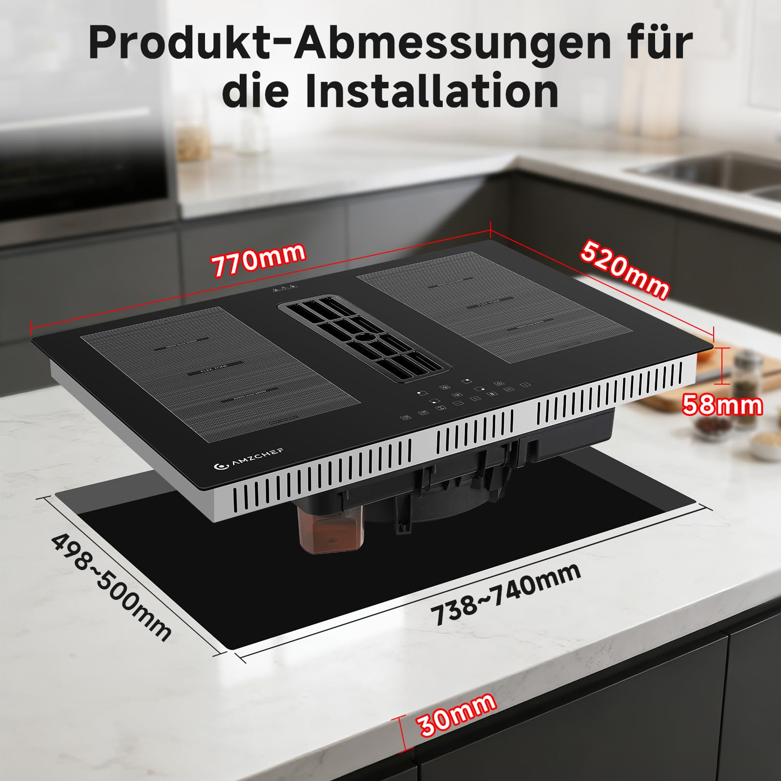AMZCHEF Induktionskochfeld mit Integriertem Dunstabzug, 4 Kochzonen, 7200W Gesamtleistung, 650m³/h Automatische Hob2Hood-Belüftung, 9 Leistungsstufen, Timer & Kindersicherung, Boost & Flexzonen