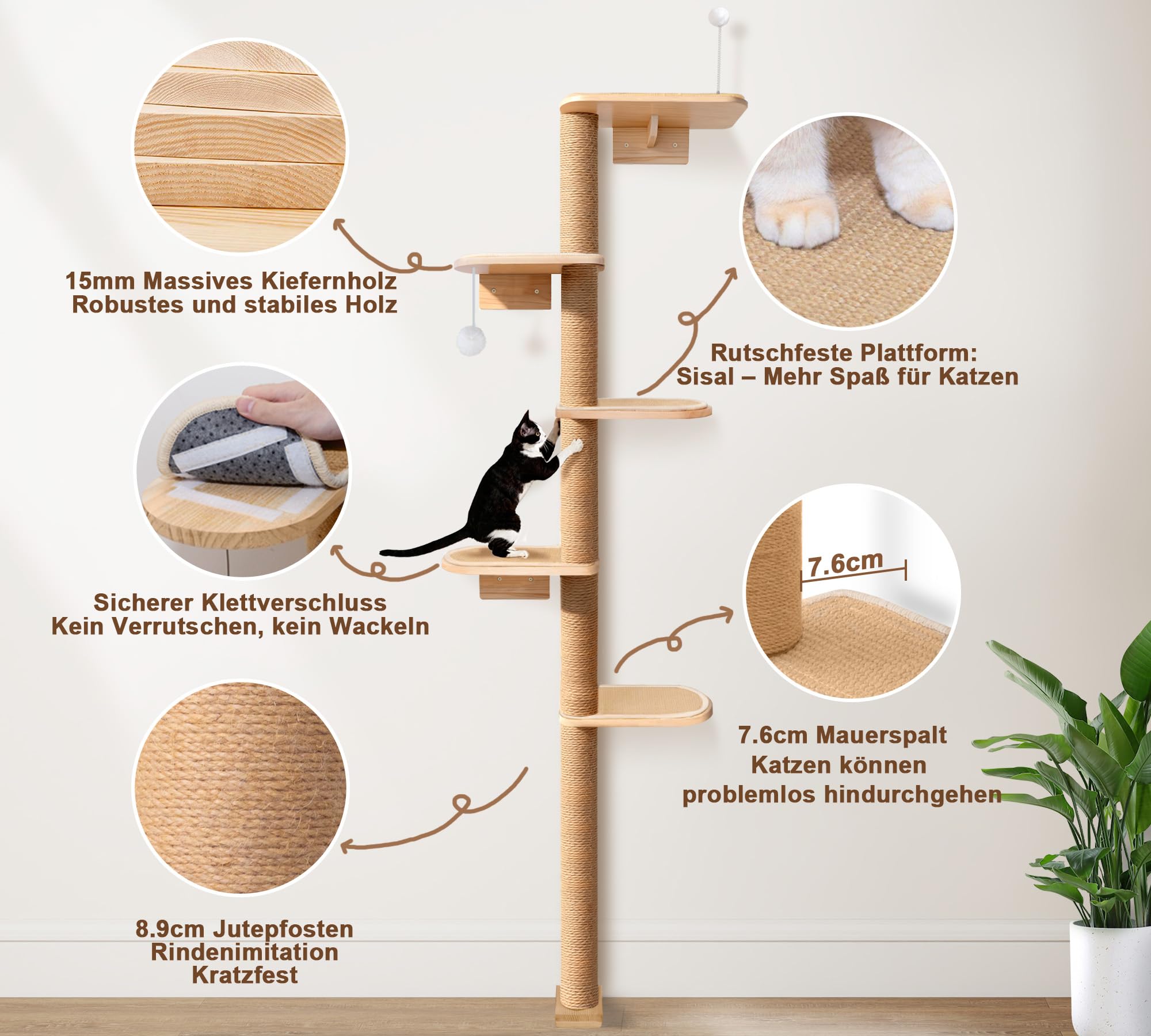 Katzen Wandkratzbaum 210cm, 5 Etagen mit Natursisal | 210cm hoher Katzen Kratzbaum, 5 Ebenen mit natürlichem Sisalseil, platzsparende Wandmontage, ideal zum Klettern und Kratzen