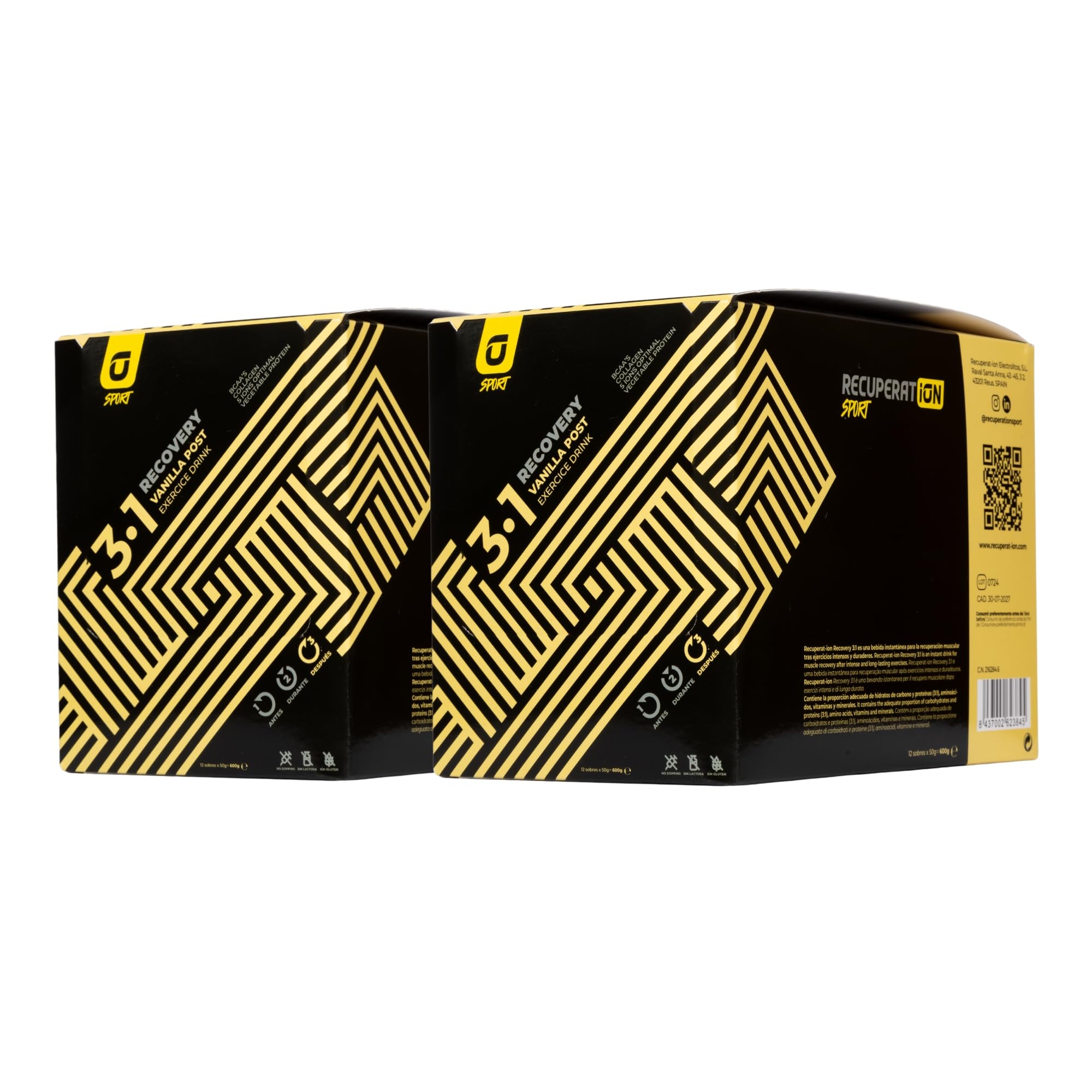 PACK 2 Bebida Recuperadora Muscular en Polvo con Proteínas + BCAA + Colágeno y Glucosa para Deportistas Resistencia y Calambres Musculares - Sabor Vainilla Sin Gluten Lactosa - Pack 12 | RECUPERATION