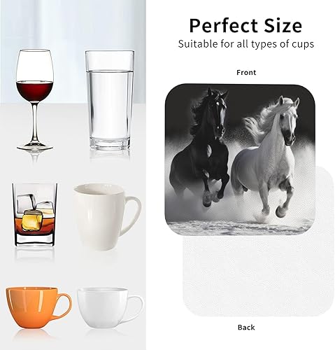 Miniatura 9 de Juego de 4 posavasos de cuero con estampado de caballos en blanco y negro, impermeables, antiquemaduras, para sala de estar, mesa de café de 4
