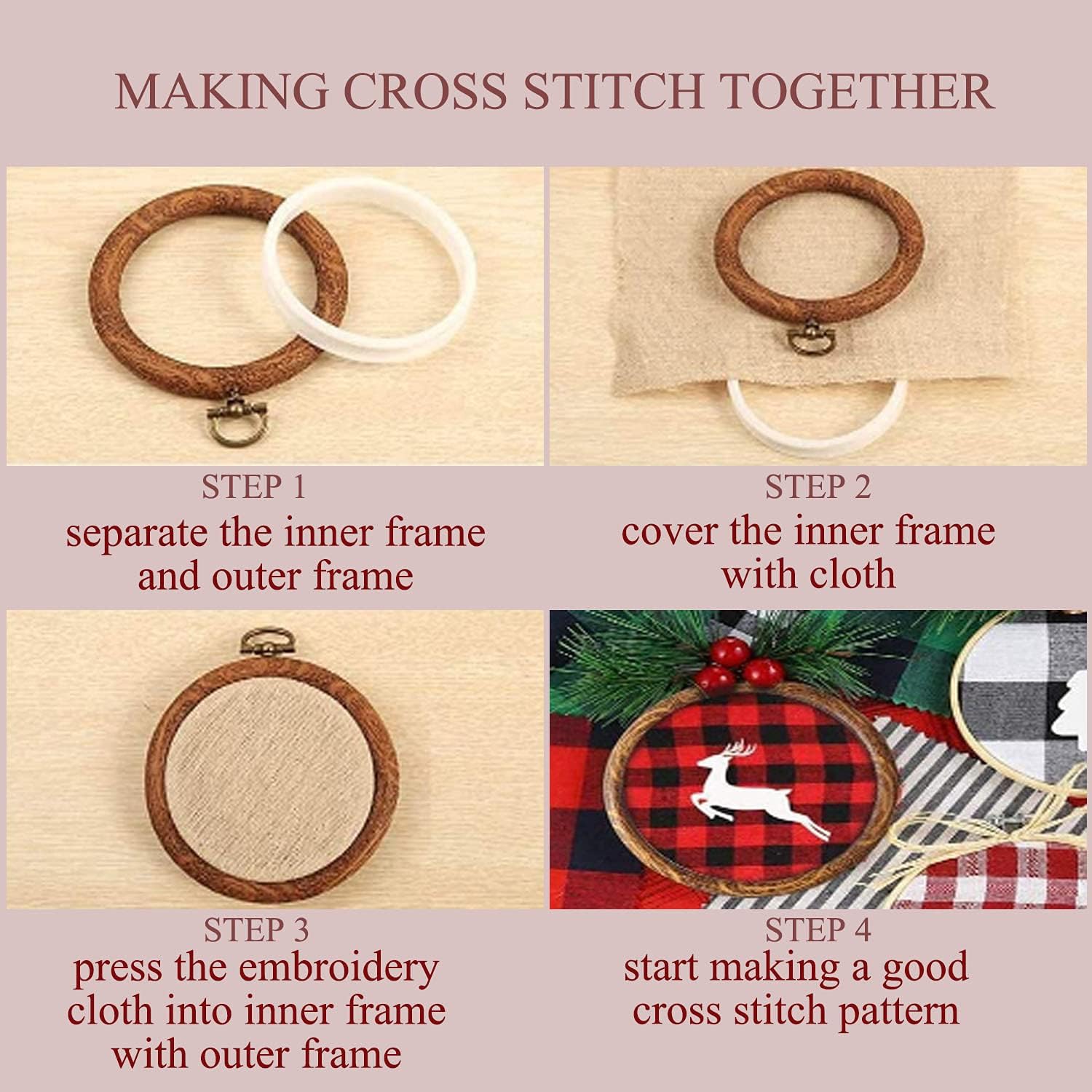 QIANJINL Embroidery Hoop 6 Pcs 5.3 Inch Rubber Hoops Ring Plastic Cross Stitch Supplies, Round Imitated Wood Display Frame Kits for Art Craft Sewing,Hanging Decoration and Christmas Ornaments, Color