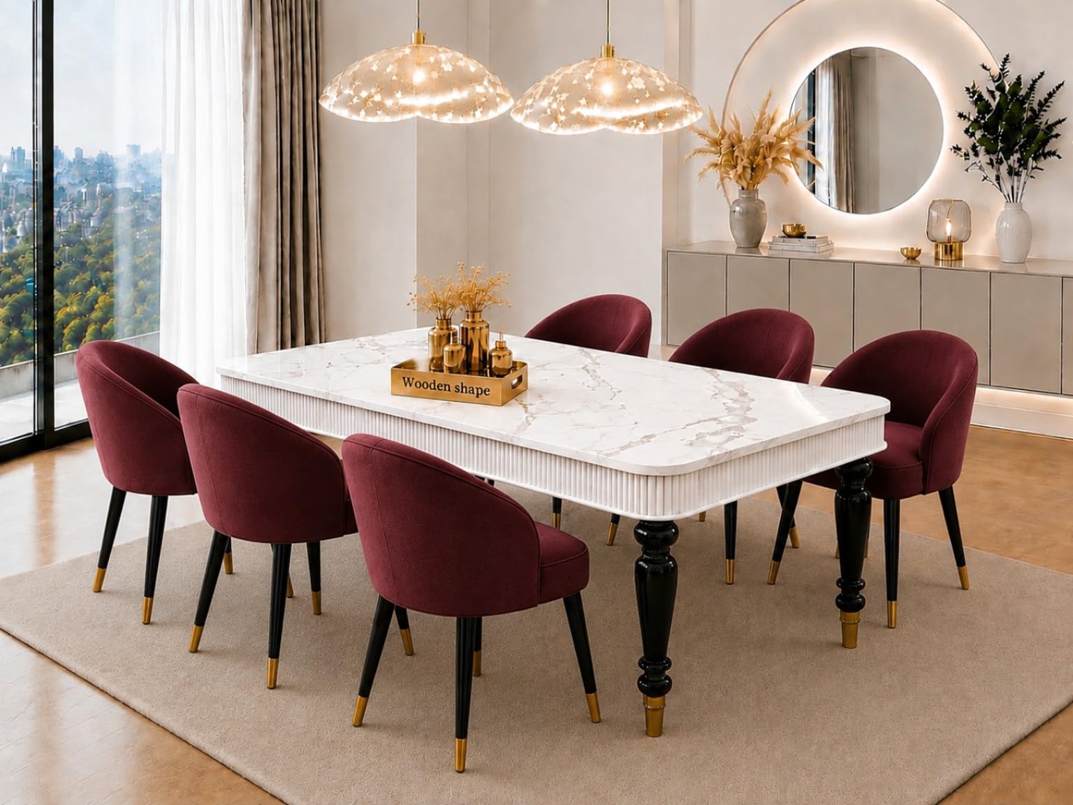 6-Seater Dining Table Set with 6 Upholstered Chairs Included, Nano Composite Marble-Top, Solid Wood Base, 2 Year Warranty - Modern Dining Room Furniture [ 72x36x30 inch ] (Maroon)-image-38