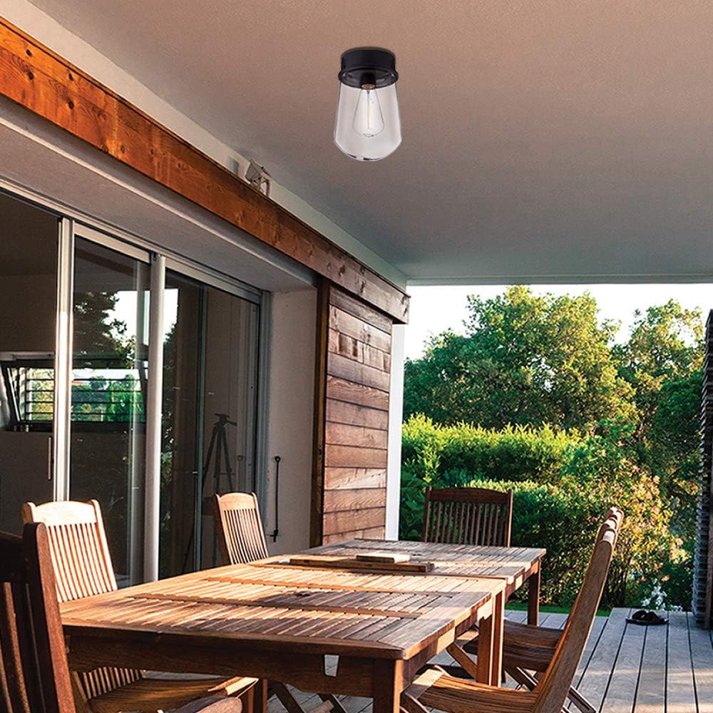 Globe Electric Edelman 1-Light Outdoor Indoor Flush Mount Ceiling Light, Matte Black, Clear Glass Shade 44268
