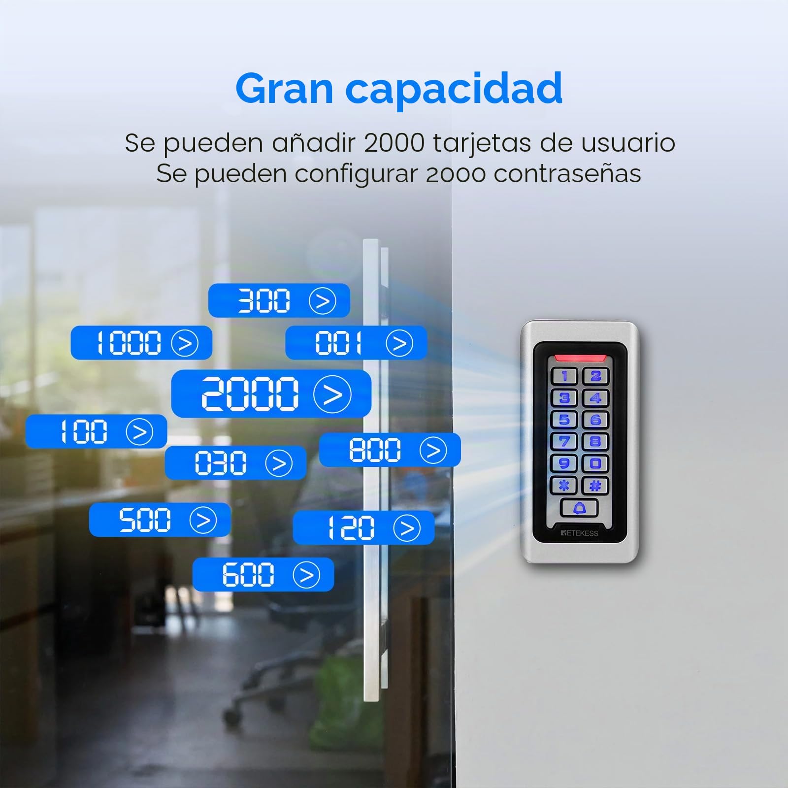 Retekess T-AC03 Control de Acceso Puerta, Teclado Acceso Impermeable IP68, Teclado Táctil Proximidad para RFID Sistema de Control de Acceso 125KHz Retroiluminación 2000 ID Wigan 26 Garaje Departamento