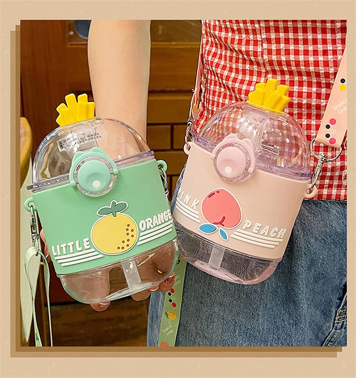 Gourde Sport Gourdes d'eau Gourde 390 Ml Kawaii Fraise Pêche Bouteille D'eau Avec Paille Sangle En Plastique Portable Voyage En Plein Air Fruits Boissons Bouteilles Bouteille d'eau ( Color : Grün , Si