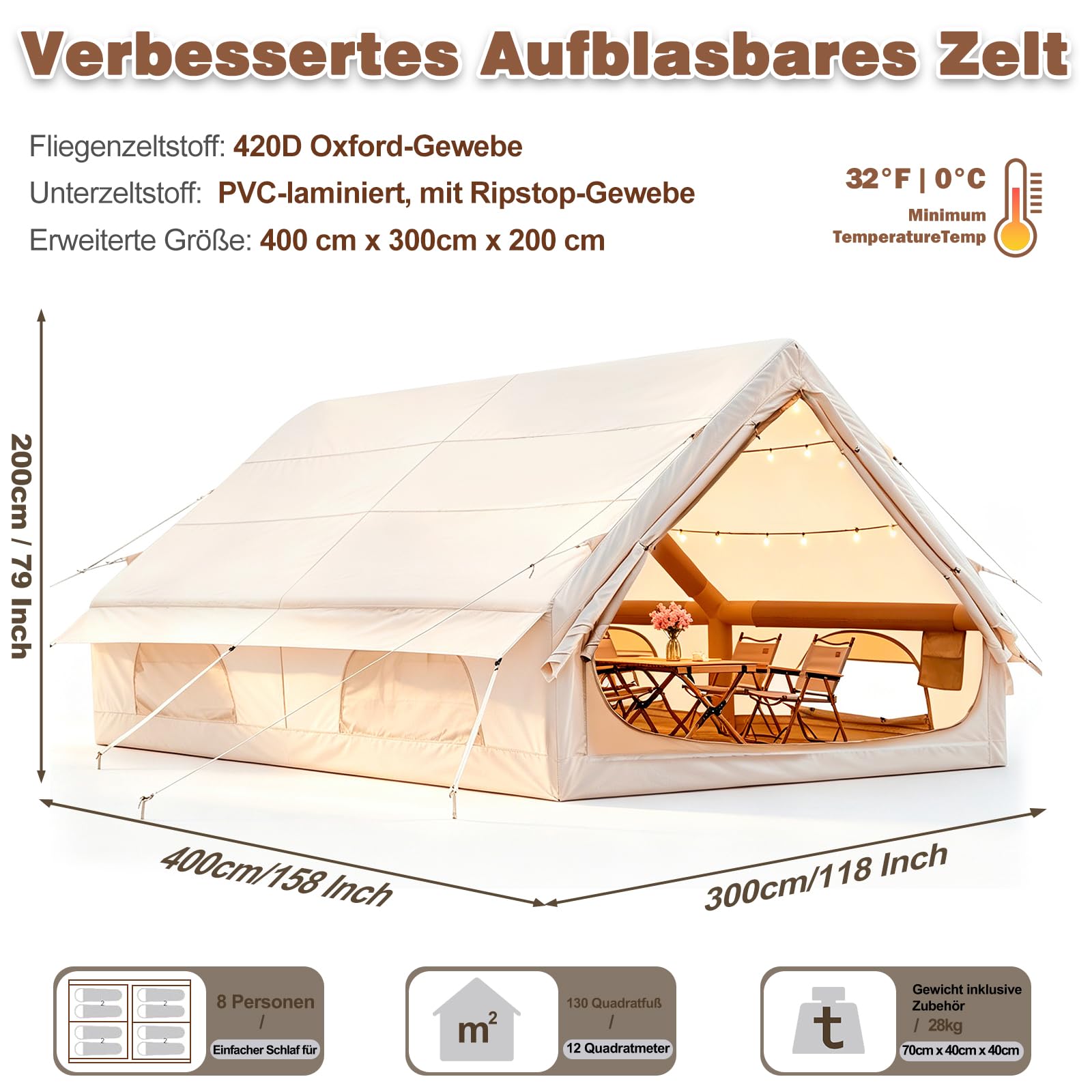 Tienda de campaña hinchable Oxford 420D 400x300x210 cm 4-10 personas resistente al agua 3000 mm UV50+