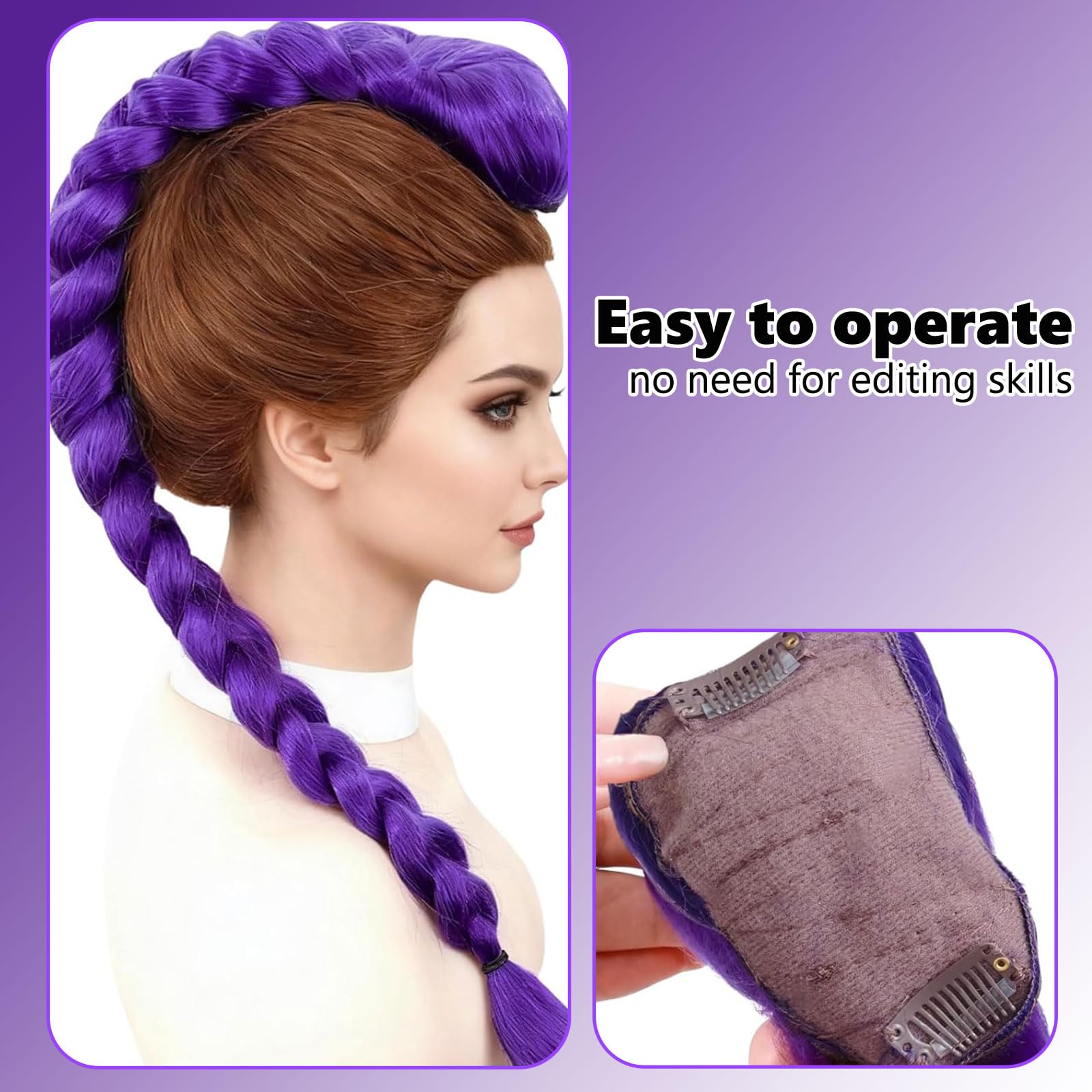 Pinza Trenza Postiza Morada Oscura, Trenzado Cabello Pre-estirado para Fiestas, Cosplay, Halloween, Escenario