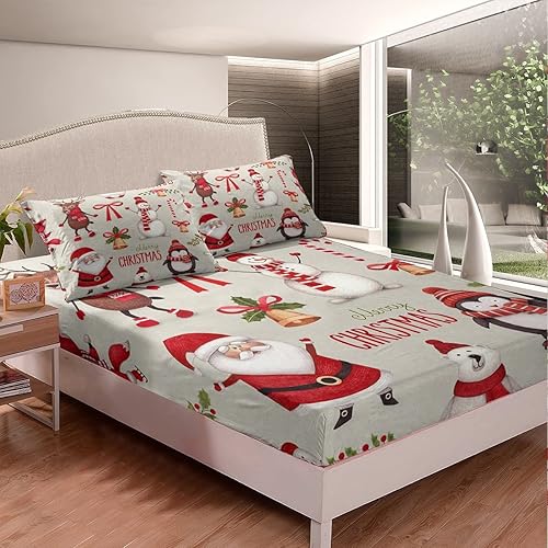 Erosebridal Juego de sábanas de Feliz Navidad, juego de ropa de cama de Papá Noel para niños, tamaño Queen, lindo pingüino de ciervo, sábana bajera
