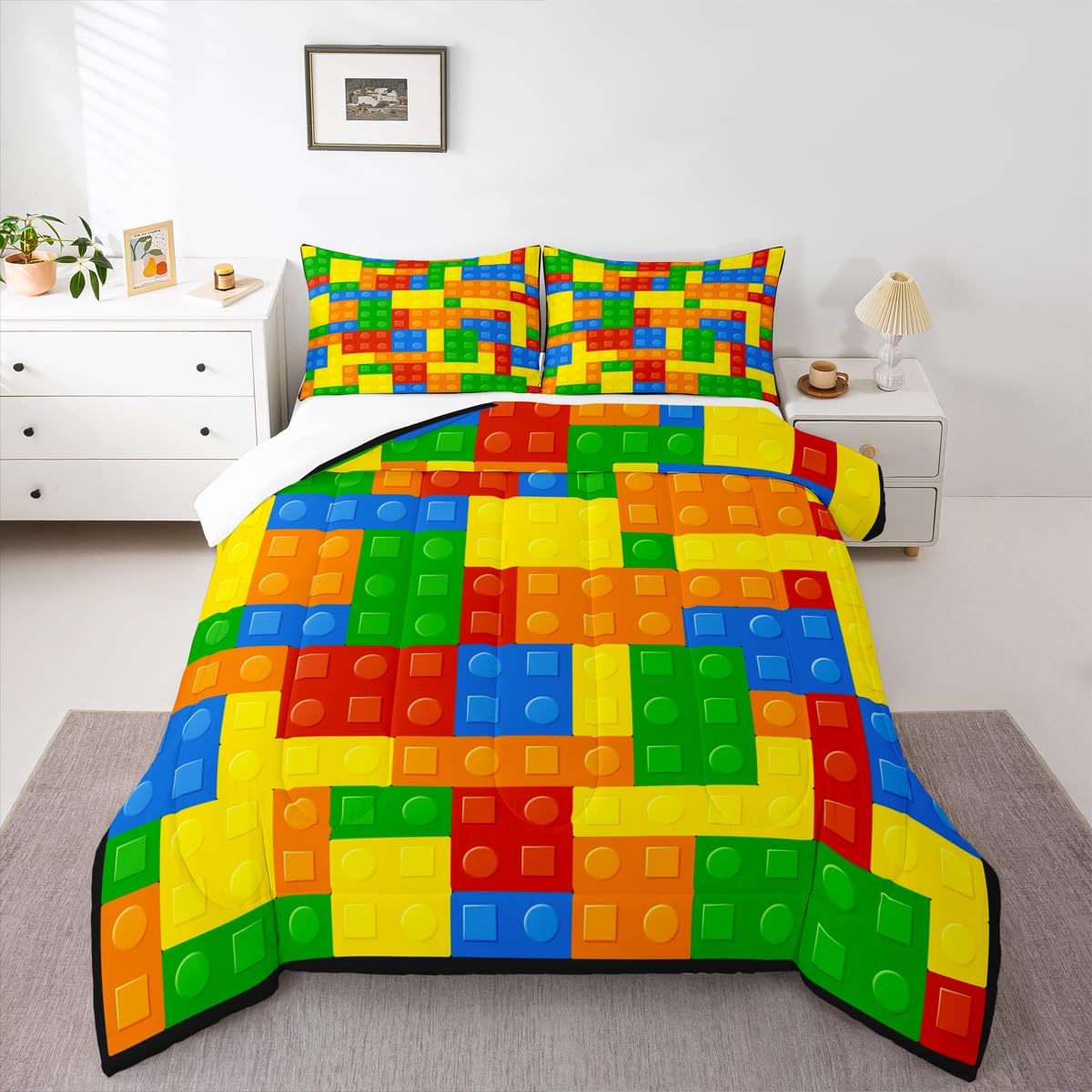 Castle Fairy Kids Games Comforter Set Queen Size Construction Bedding Sets 3Pcs for Child Boys Girls Room Decor, Color Building Blocks Gaming Quilt Set with 2 Pillowcases Soft Microfiber
