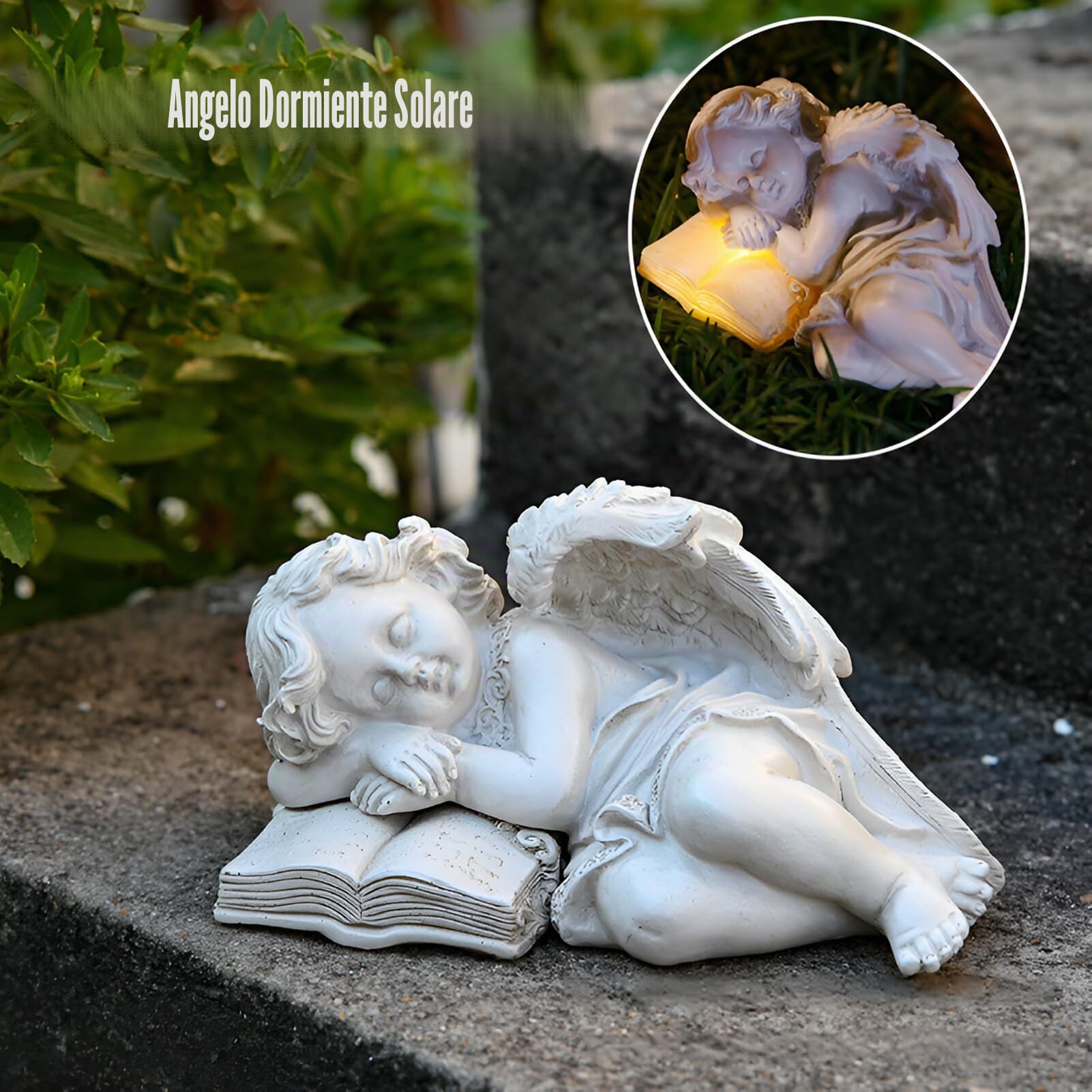 Statue da giardino a forma di angelo custode, con luci a LED, resistente alle intemperie, piccola scultura a forma di angelo per tomba/cimitero, resistente al gelo per prato, cortile,