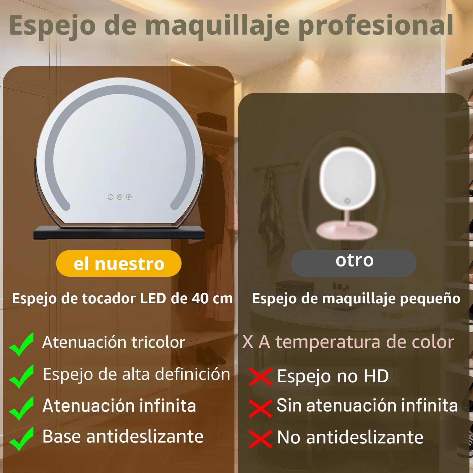 Espejo de maquillaje con iluminación, 40 x 40 cm, espejo de maquillaje giratorio en negro con LED de 9 W, 3 botones táctiles y atenuación continua, espejo de mesa moderno para maquillaje, baño