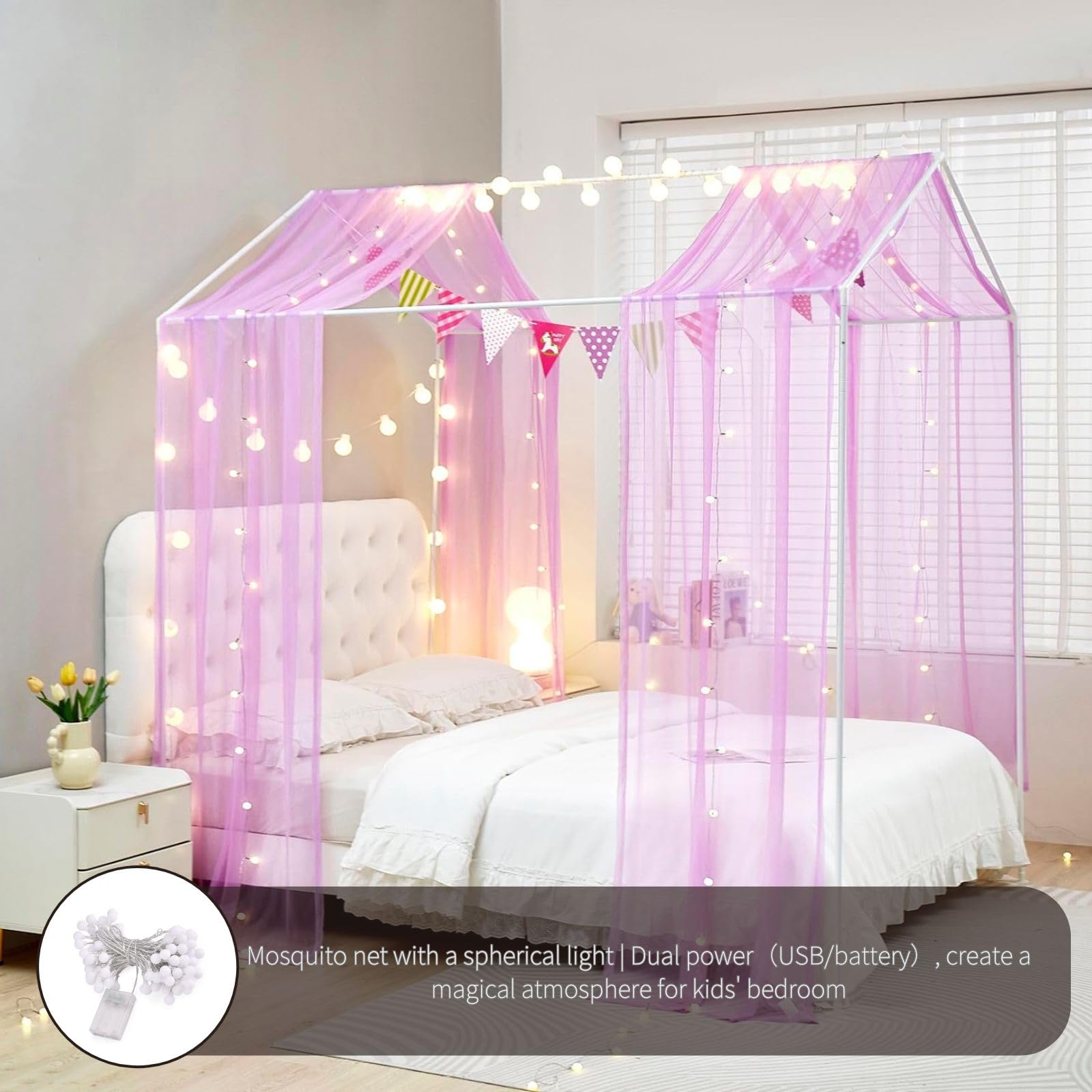 ZIQINPSQ House Bed Canopy Bed Curtains,2pcs Montessori Floor Bed Canopy for Girls Boys,Mosquito Net For Kids Wood Bed Frame,Bedroom Decorations (Purple) - Image 2