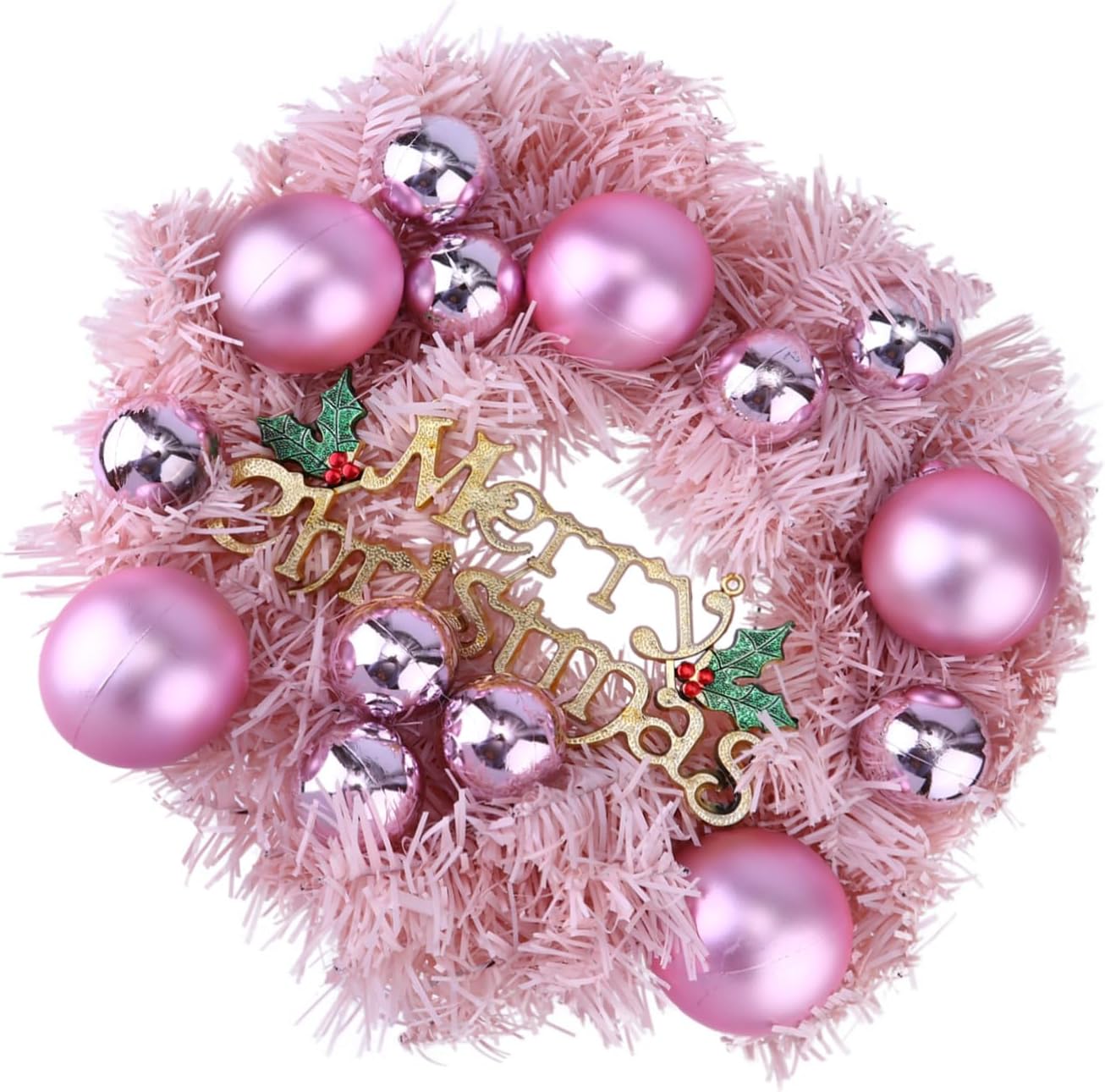 Pink Xmas Garland Door Wreath with Decorative Balls Festival Hanging Floral Arrangement for Home Hotel Shopwindow Indoor and Outdoor Holiday Decor