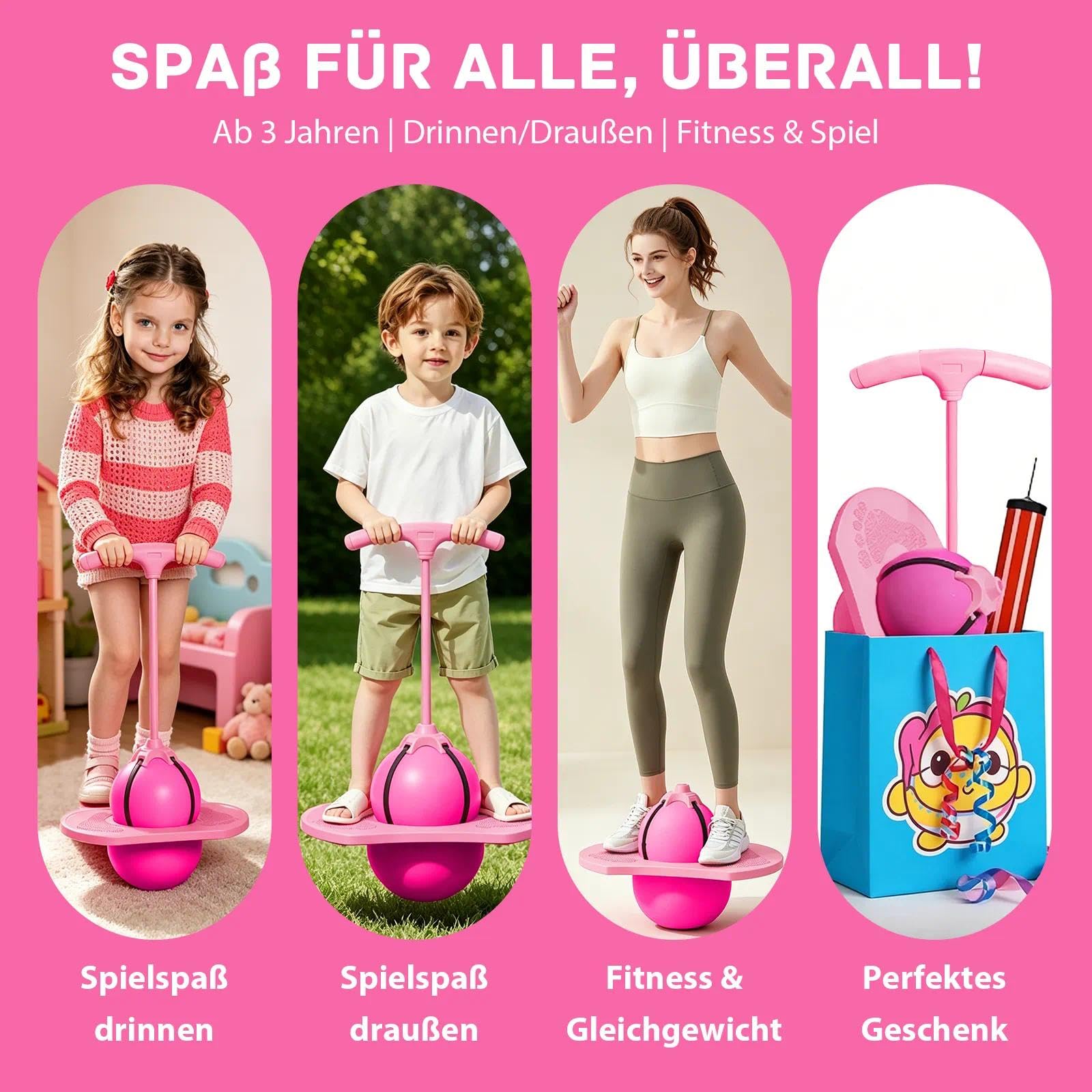 Pogo - Pallone da salto, con manico, per bambini, per attività all'aria aperta, per bambini, adulti, sport, gioco e fitness (rosa)