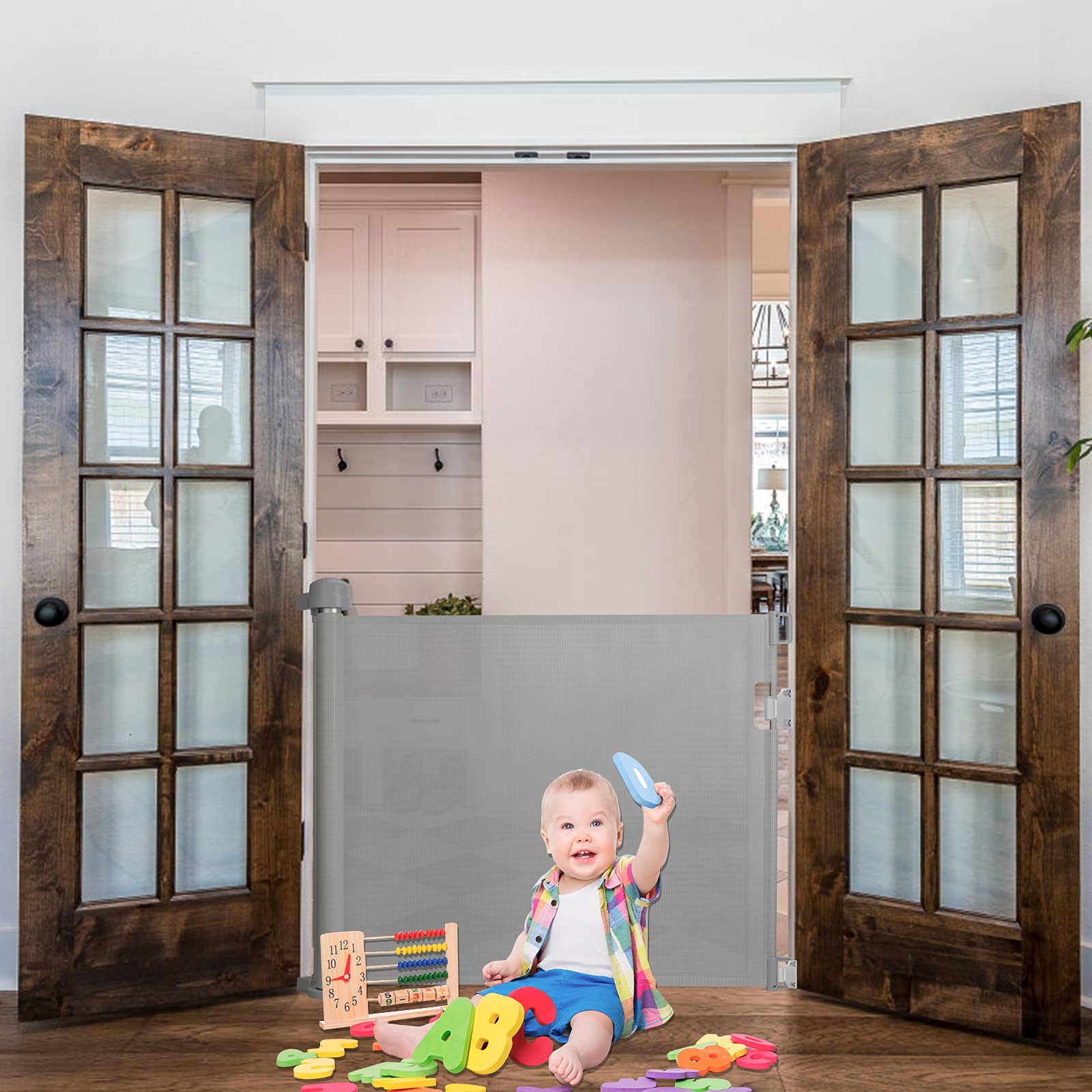 LARS360 - Cancelletto per bambini e animali domestici, estraibile, 0-150 cm, protezione per porte o scale, divisorio di sicurezza per interni ed esterni (grigio)