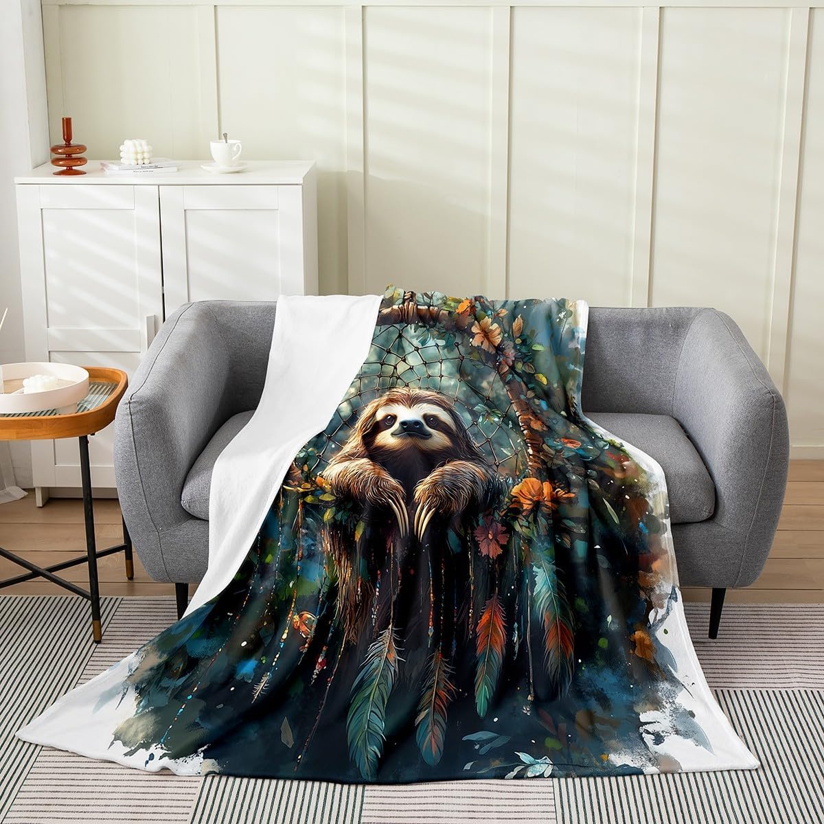 Erosebridal Sloth Blanket Queen 90x90 for Girls Women Dream Catchers Throw Blanket Boho Floral Feather Fleece Blanket Woodland Animals Fuzzy Blanket Exotic Bohemian Decor - Image 2