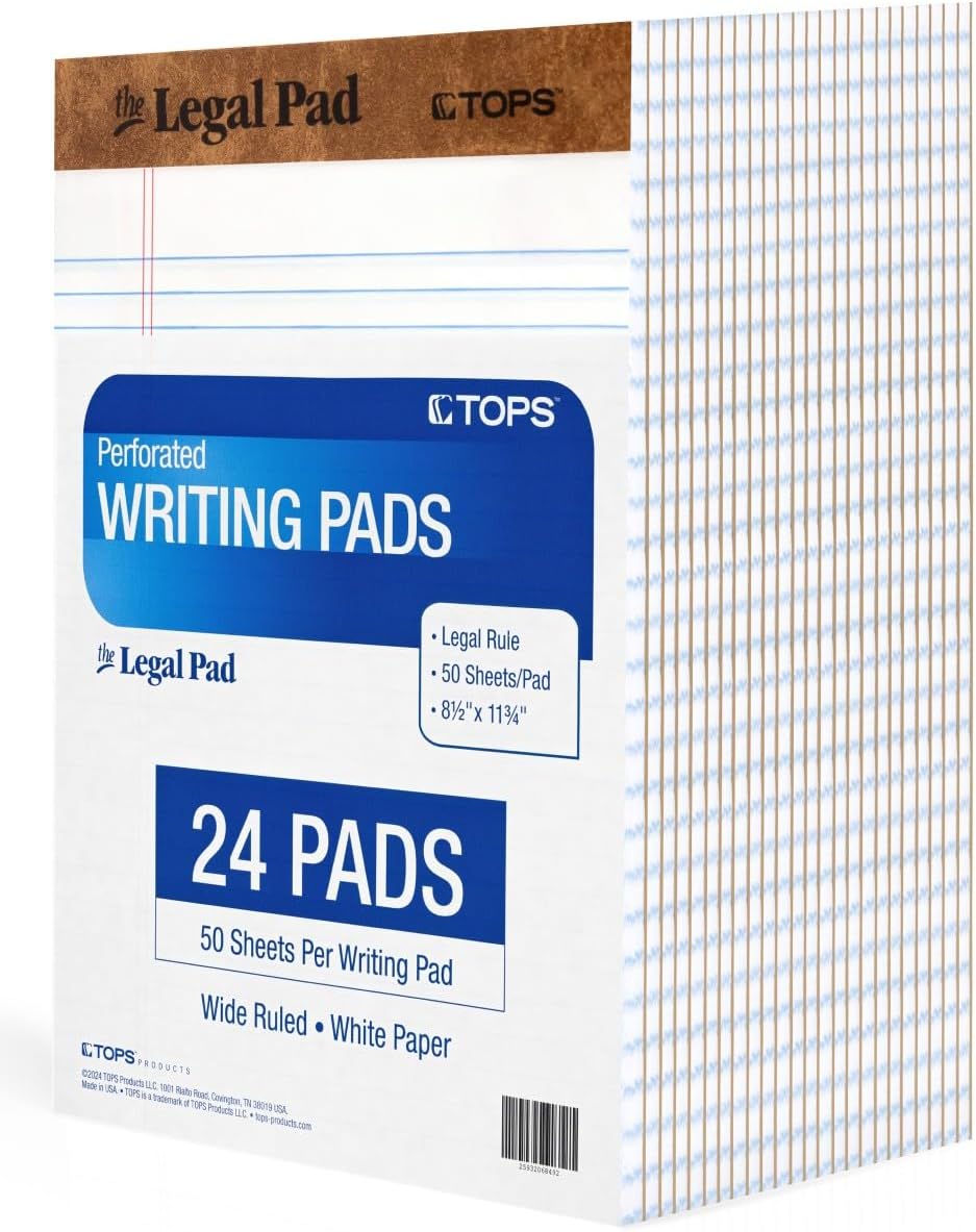 Tops The Legal Pads 8.5 X 11 Pack of 24 White Wide Ruled Notepads - 50 Sheets Per Pad - Made in the USA
