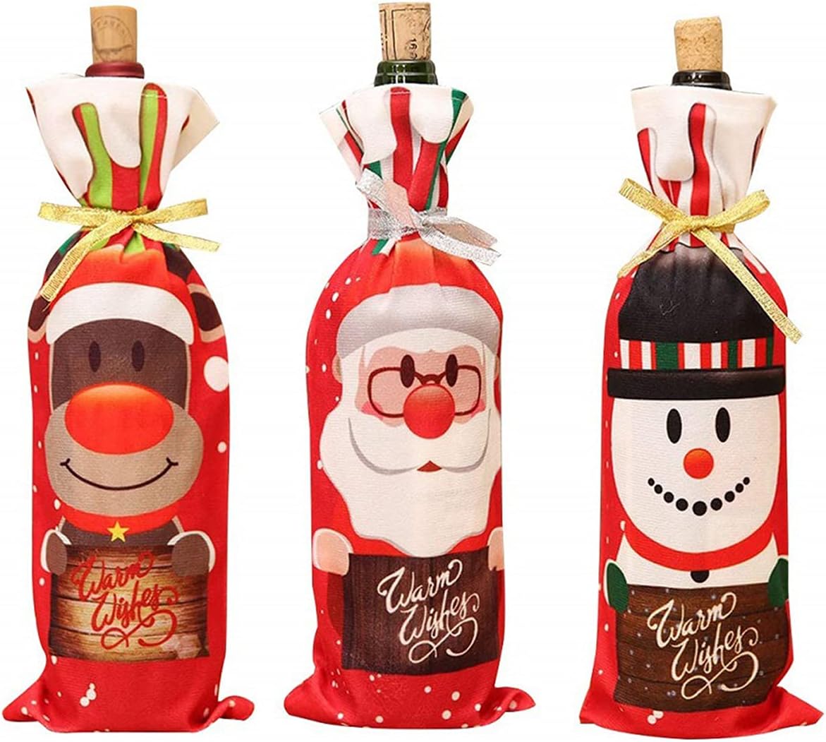 6 Pcs Christmas Wine Bags Bottle Gift Bags, Santa Snowman Deer Pattern Bottle Wrap Bags Xmas Wine Bag for Home Dinner Party Decoration - Image 3