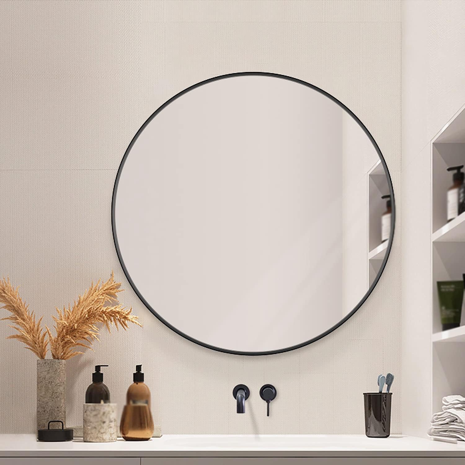 BKSXSOP Bathroom Mirror Wall Mounted Round Mirror, Modern Black HD Glass Vanity Enhance Your Style, Suitable for Bedroom Hallway, Barber Shop