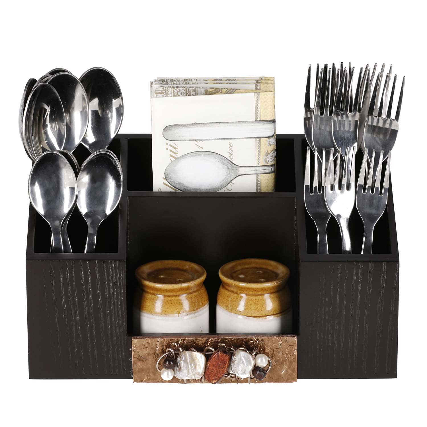 COCKTAIL Designer Wooden MDF Salt N Pepper Dining Organizer Multiuse Cutlery Holder Napkin Stand Tissue Slot Compact Rotating Stand-Brown/Gold (5-Section) (B09797D2F9) Amazon Price History, Amazon Price Tracker