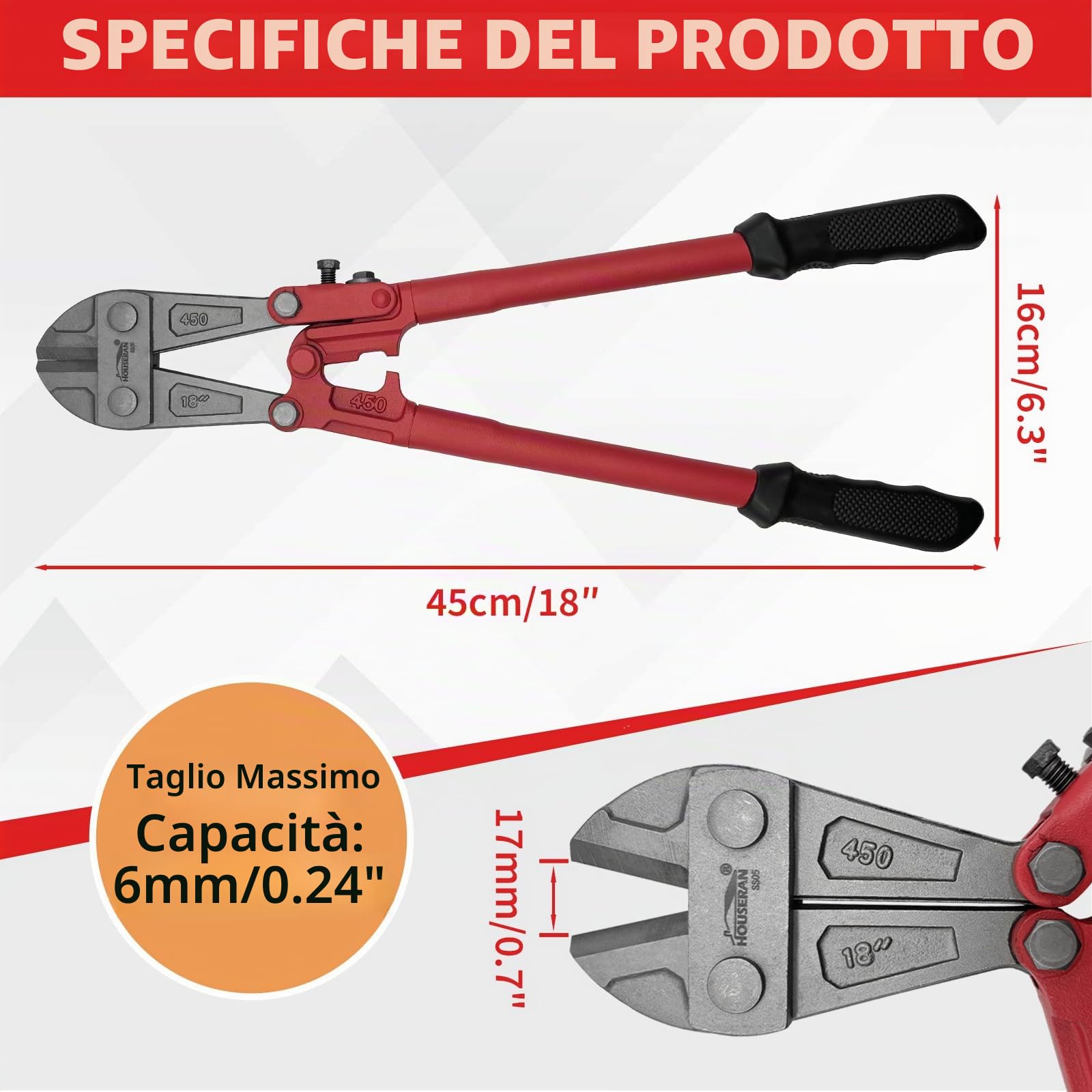 Tagliabulloni 45 cm – Cesoia Potente per Bulloni, Catene, Lamiere – Tronchese per Ferro Professionale per Officina e Cantiere