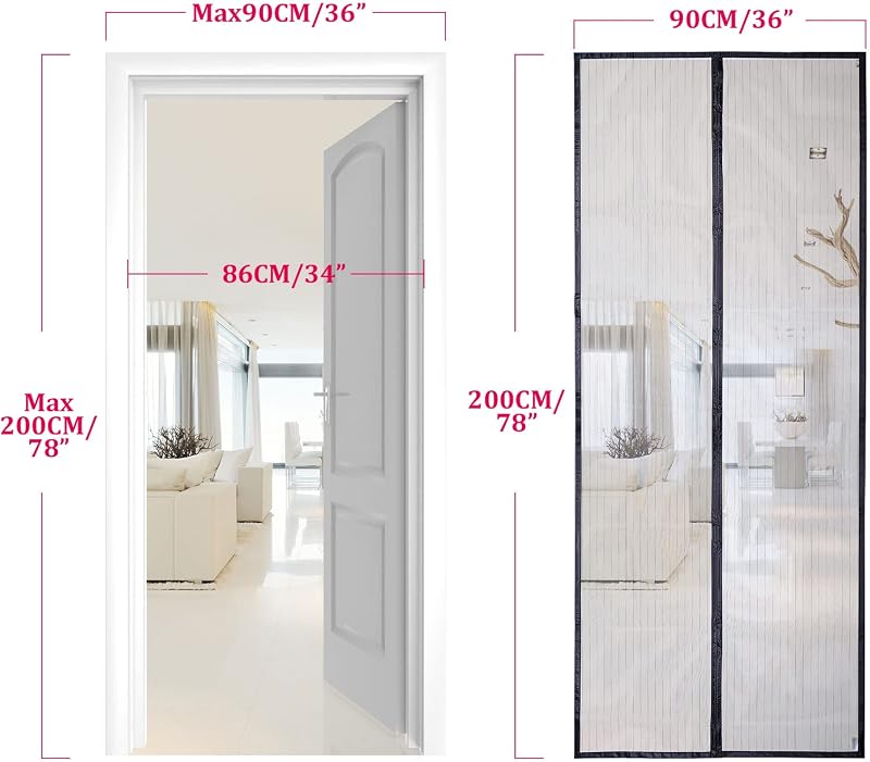 Apalus Mágneses Szúnyogháló Ajtóra 90x200 cm - Erkély, Pince és Teraszajtókra, Fúrás Nélkül Felszerelhető, Öntapadós Rovarháló, Fekete