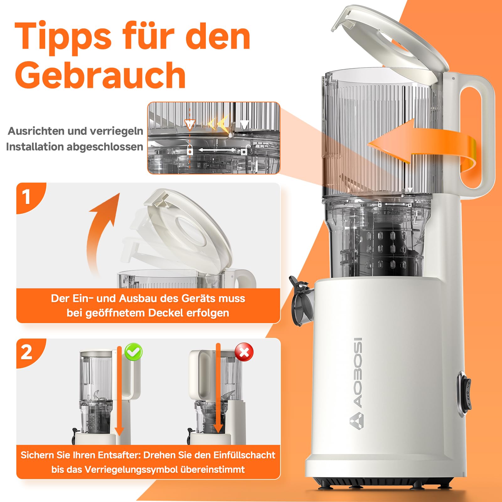 AOBOSI Slow Juicer mit 135 mm großer Einfüllöffnung, 200 W Kaltpress Entsafter mit Rückwärtslauf & Dreifachfilter, BPA-frei & leise, ideal für frischen Saft aus Obst und Gemüse