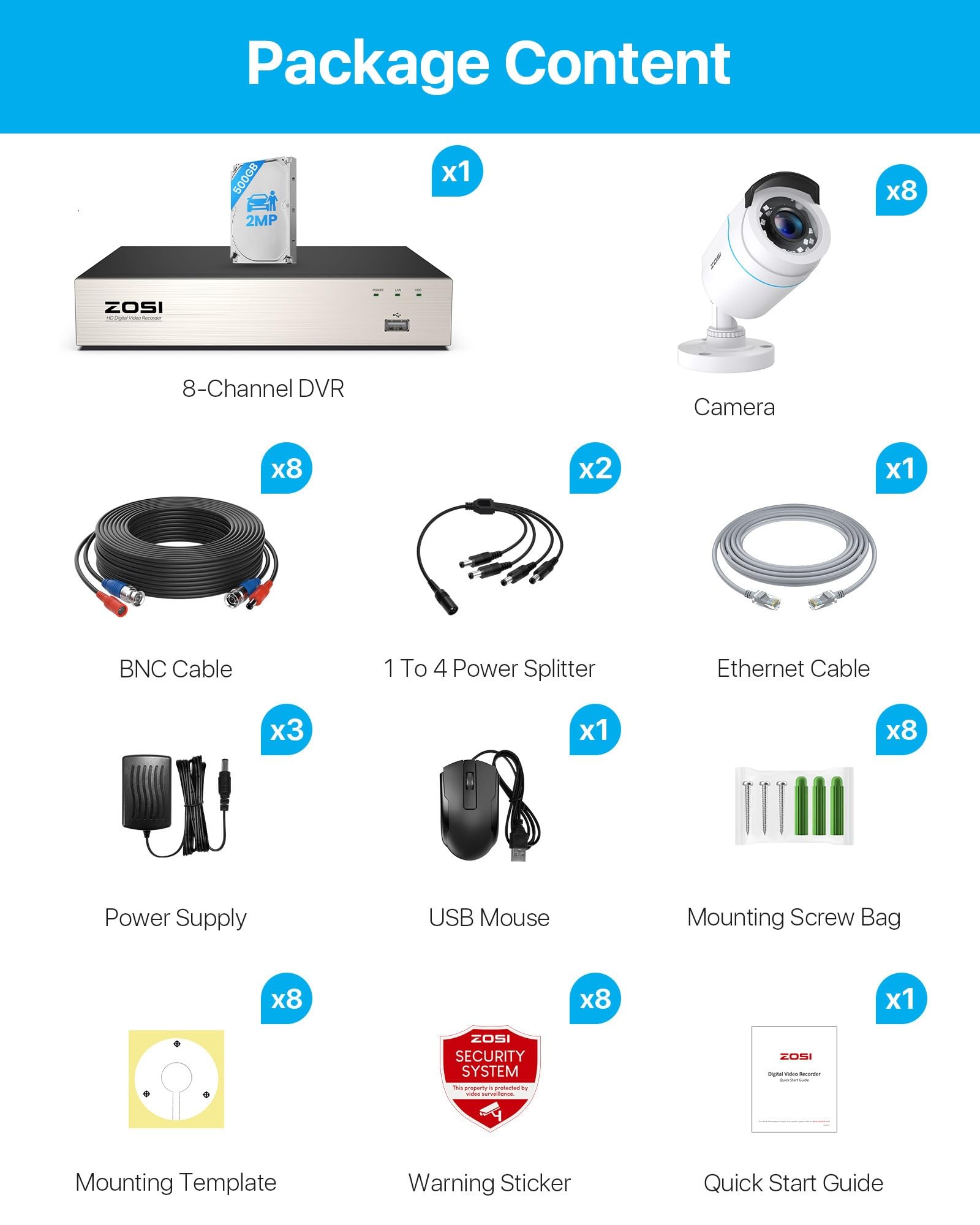 ZOSI 1080P Kit Cámaras de Vigilancia 8 Cámara Seguridad Cableada Interior/Exterior con 8CH 2MP DVR Sistema CCTV 500GB Disco Duro para Hogar y Negocio, Detección y Alarma de Personas, Visión Nocturna