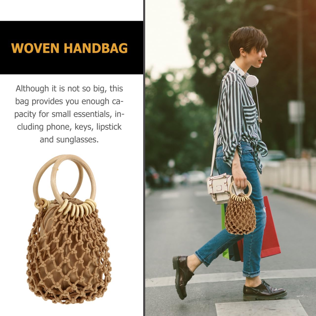 Small Woven Handbag Women’S Summer Beach Bag Drawstring Clutch Small Cotton Net Pouch with Lining Lightweight Casual Hawaii Travel Essentials 5.51inch