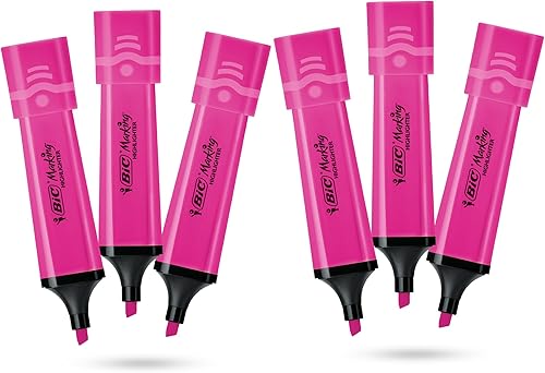 BIC - Paquete de 6 rotuladores planos de marcado de plástico con tinta neón rosa fluorescente para notas suaves, reflejos precisos, ideal para