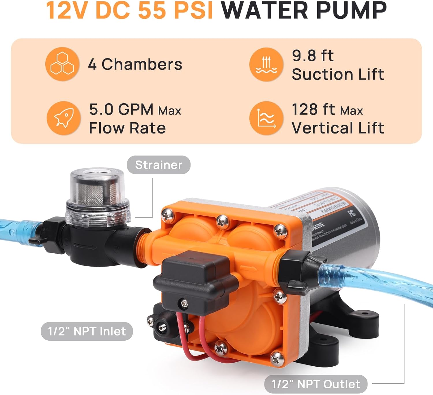 TURBRO 5.0 GPM 55 psi RV Water Pump, 12V DC & Rotorua RV Tankless Water Heater 65,000 BTU & EG13 Portable Electric Griddle, Low-Power 300-600W
