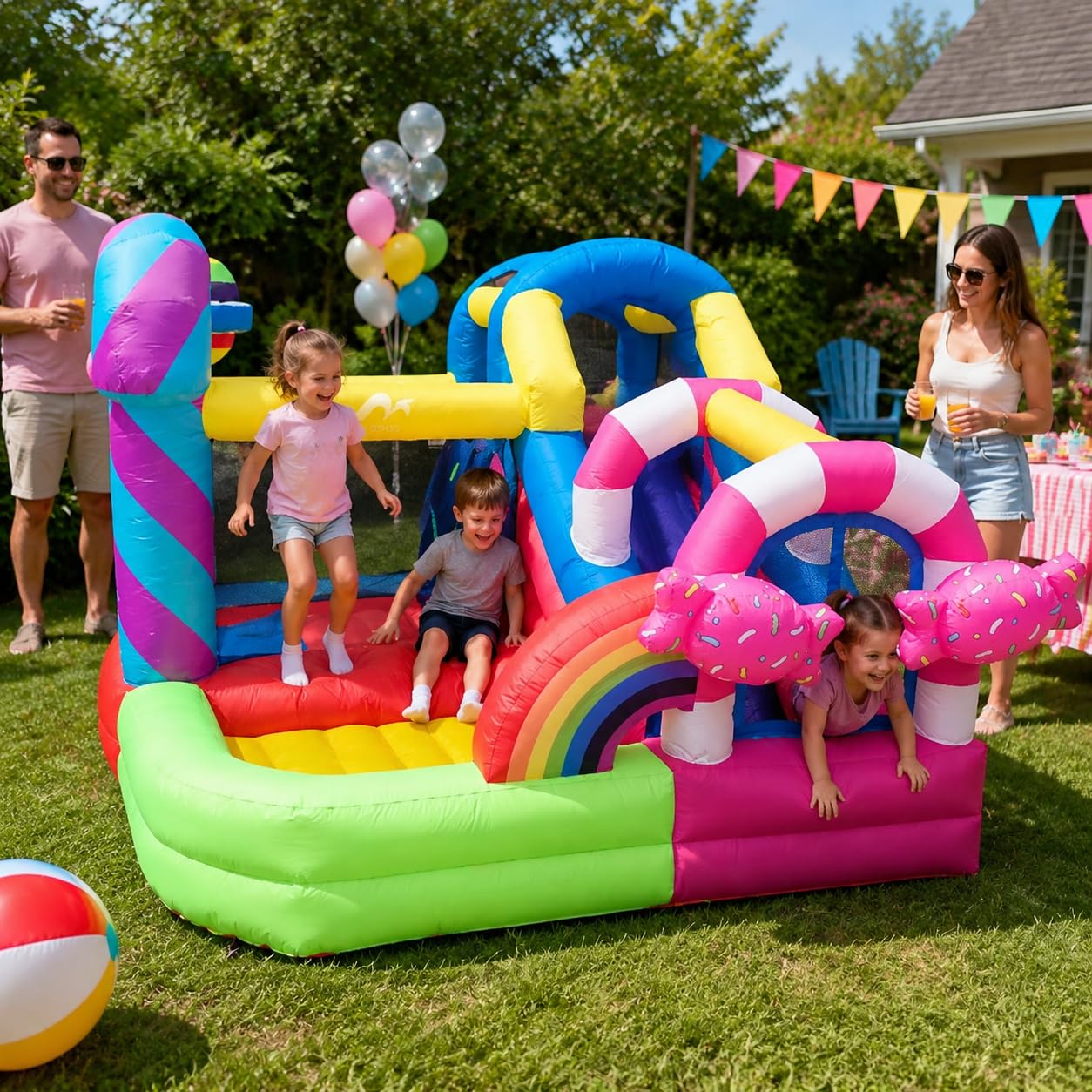 Castello Gonfiabile per Bambini con Scivolo, Gonfiabile per Bambini da Esterno, a Tema Caramelle