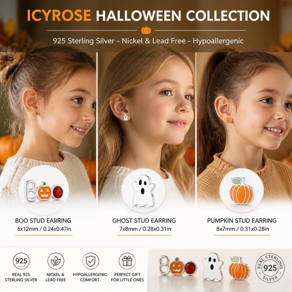 ICYROSE 925 Sterling Silver Halloween Set Ghost Pumpkin Boo Stud Earrings for Small Earlobe Second Third Ear Piercings Delicate Spooky Stackable Studs or lovely choice for little ones.