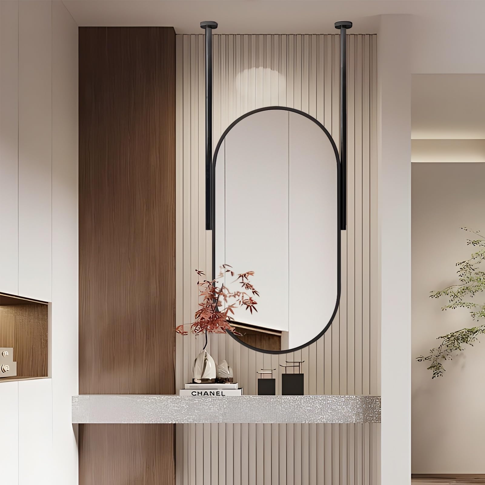 Hamankim Nordic Oval Mirror, Ceiling Hanging Mirrors with Black Metal Frame and Boom, Floating Mirror Living Room Entrance Decorative Wall Mirror, Wall Mounted Vanity Mirrors (Size : 50cmx70cm)