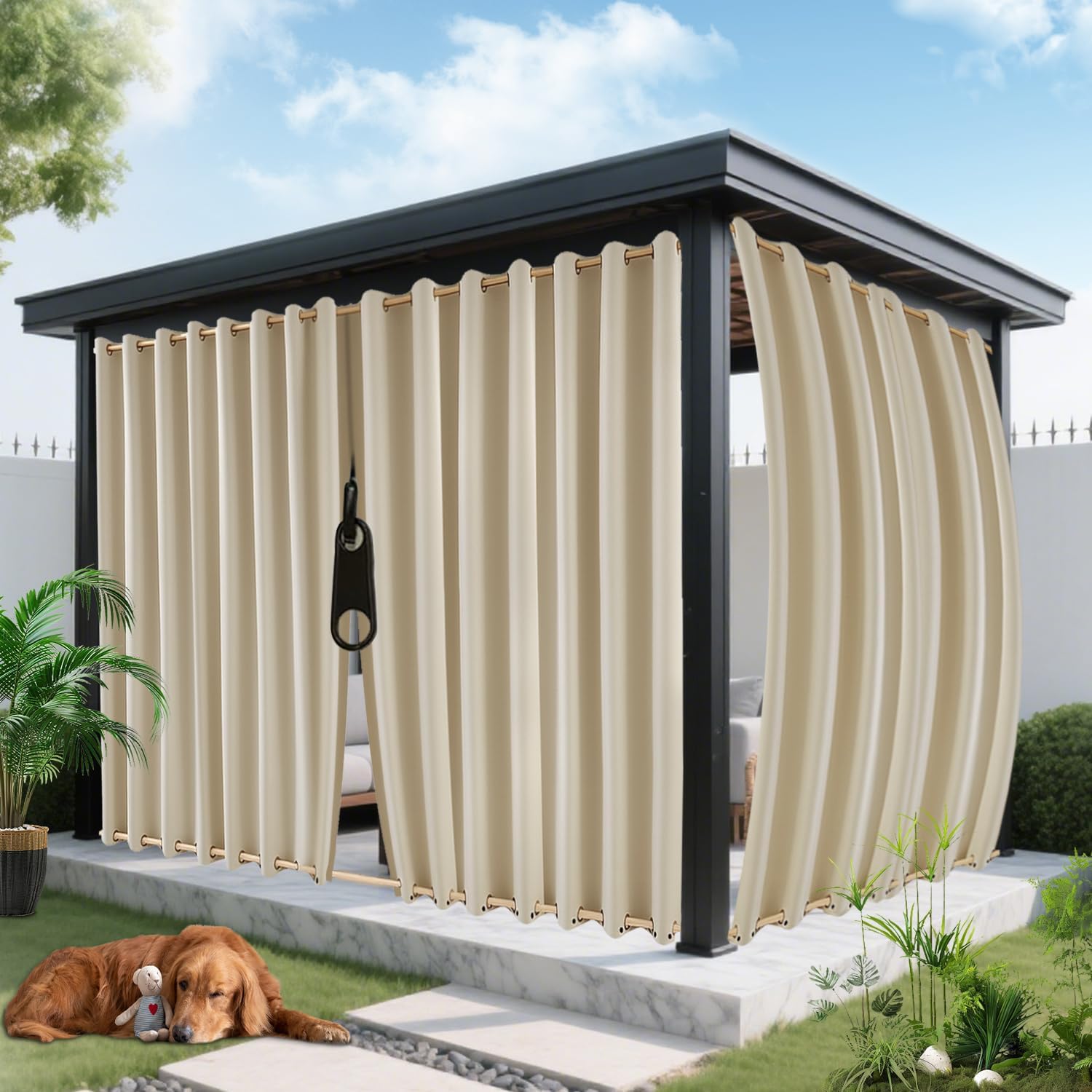 Outdoor Curtains for Patio Waterproof, Zipper Design 2 Panels Privacy Weatherproof Blackout Curtain Top & Bottom Grommet Outside Drapes for Porch Gazebo Pergola (110 x 108 inch, Beige)
