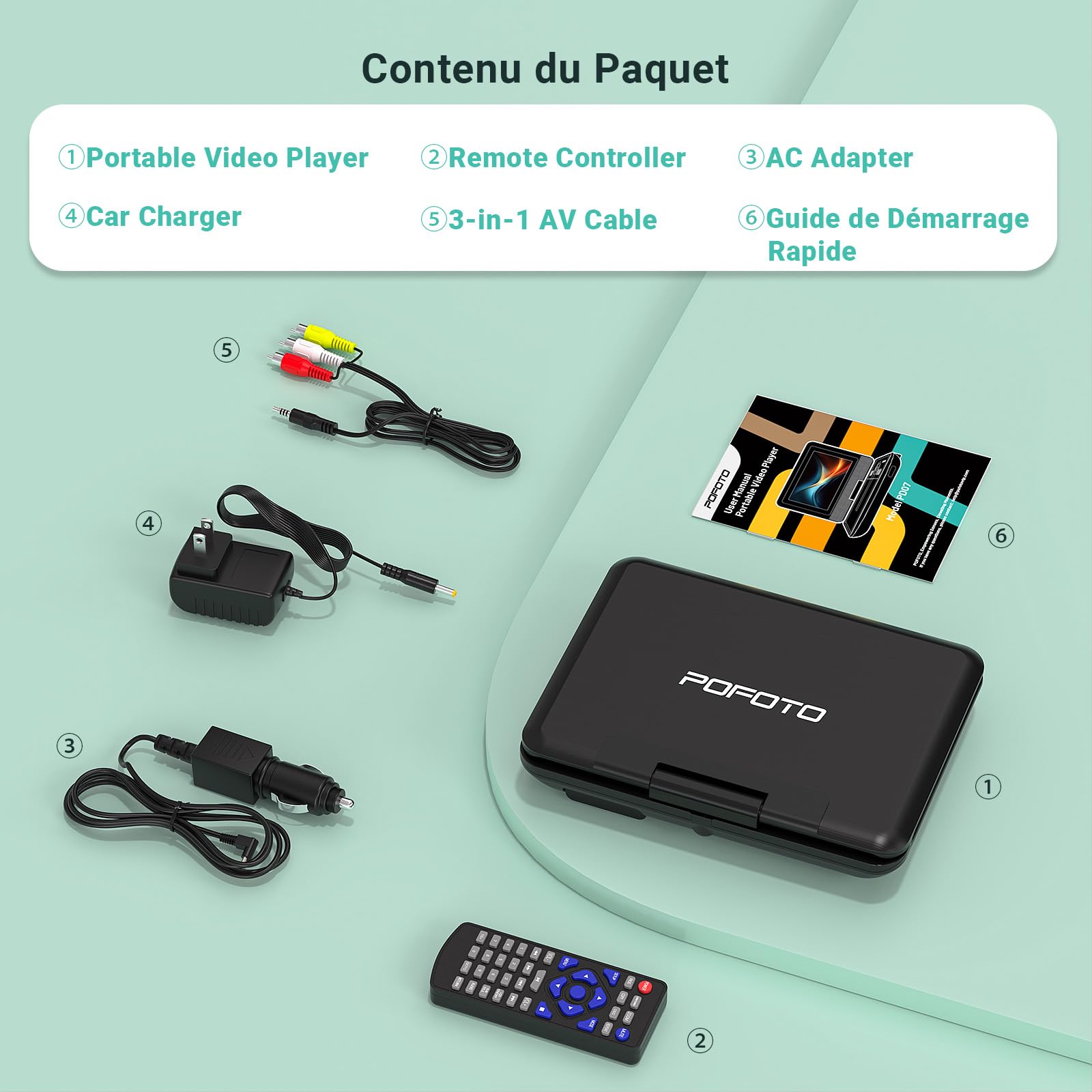 POFOTO Lecteur DVD Portable 9,5" Écran Pivotant HD 7,5" Autonomie 4-6 Heures USB/SD/Synchro TV Haut-parleurs Stéréo Noir