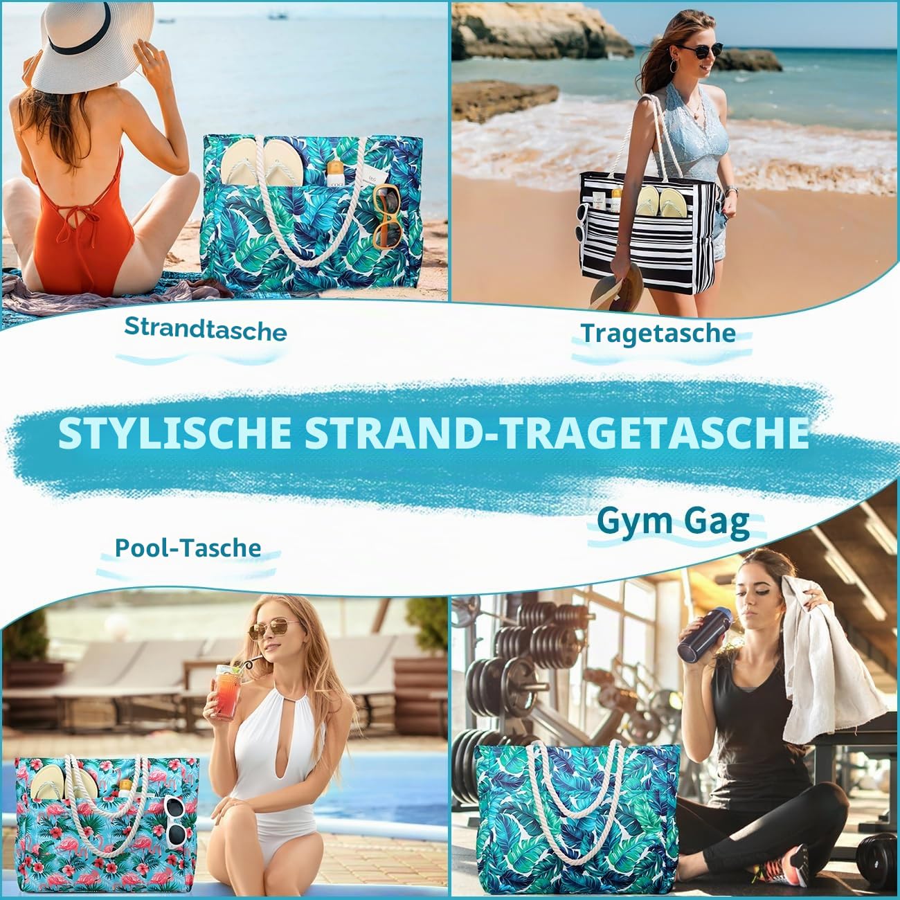 RAVUO Strandtasche Damen, Badetasche XXL Familie Extra Groß Wasserdicht Sanddicht Strandtasche mit Reißverschluss Beach Tote Bag