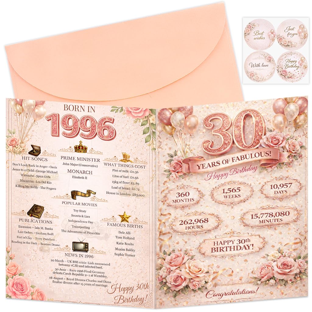 HUNGBAN 30th Birthday Card for Girls Women,1996 Birthday Greeting Card with Envelope,Vintage Back in 1996 UK Funny Gift for Daughter,Wife,GirlFriend,Anniversary,Party Decoration Gift(1996-30)
