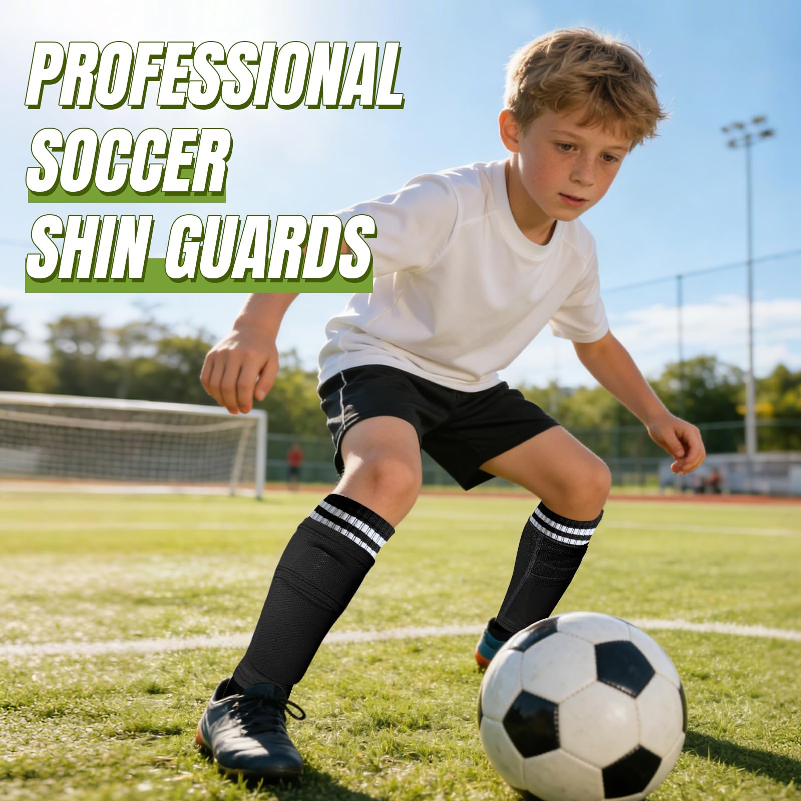 Espinilleras de fútbol para niños, jóvenes y adultos, incluye mangas optimizadas con bolsillos y calcetines de agarre, protección de fútbol para niños y niñas de 3 a 15 años (negro, M)