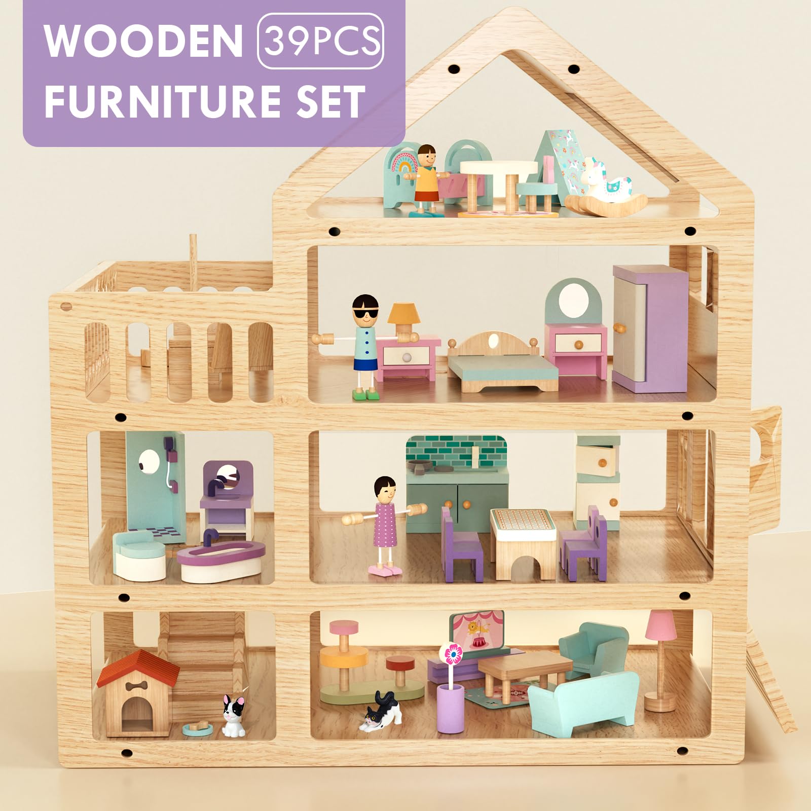 Juego de muebles de casa de muñecas de madera, 39 piezas con 5 habitaciones, muñecas familiares y mascotas, accesorios y muebles de casa de muñecas de madera, accesorios de casa de 9