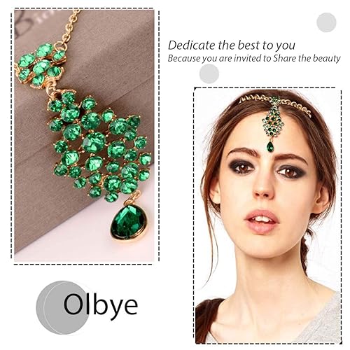 Miniatura 4 de Olbye Diadema de lágrima de diamantes de imitación Tikka verde Tikka cadena de pelo para la frente, joyería para el cabello de boda para mujeres y